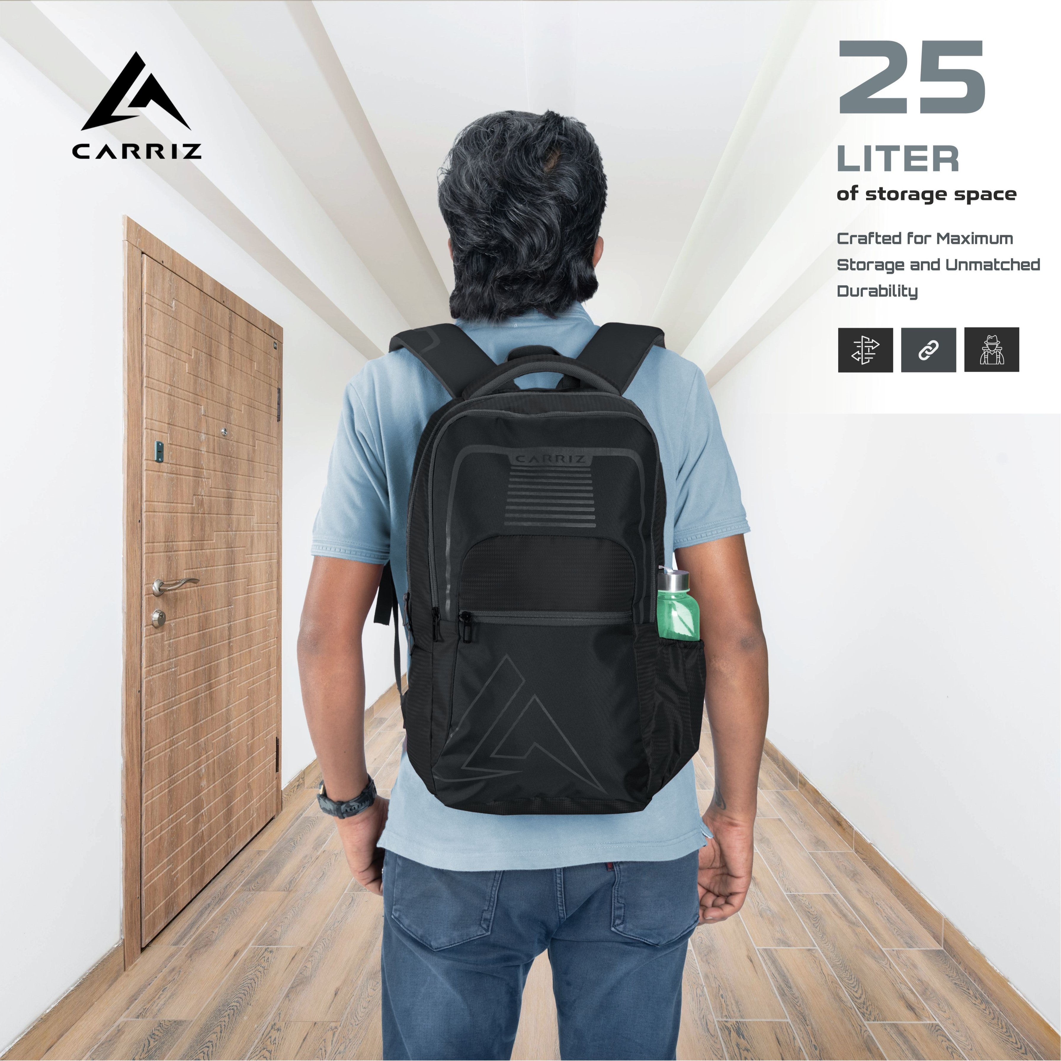 A person wearing the CPB03 25L Laptop Backpack in black, demonstrating its ergonomic design and comfortable fit. The backpack is securely positioned on their back, showcasing the adjustable padded shoulder straps and breathable back panel. The individual is standing in an outdoor setting, highlighting the backpack's sleek black color and modern aesthetic, making it suitable for both casual outings and professional environments.