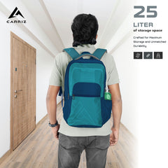 A person wearing the CPB03 25L Laptop Backpack in blue, demonstrating its comfortable fit and ergonomic design. The backpack is securely positioned on the individual's back, with adjustable padded shoulder straps providing support. The vibrant blue color and modern design are clearly visible, making it suitable for various environments such as school, work, or casual outings. 