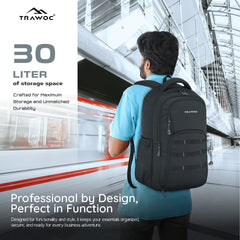 A person wearing the TPB05 35L Laptop Backpack in black, demonstrating its comfortable fit and ergonomic design. The backpack is securely positioned on the individual's back, with adjustable padded shoulder straps providing support. 