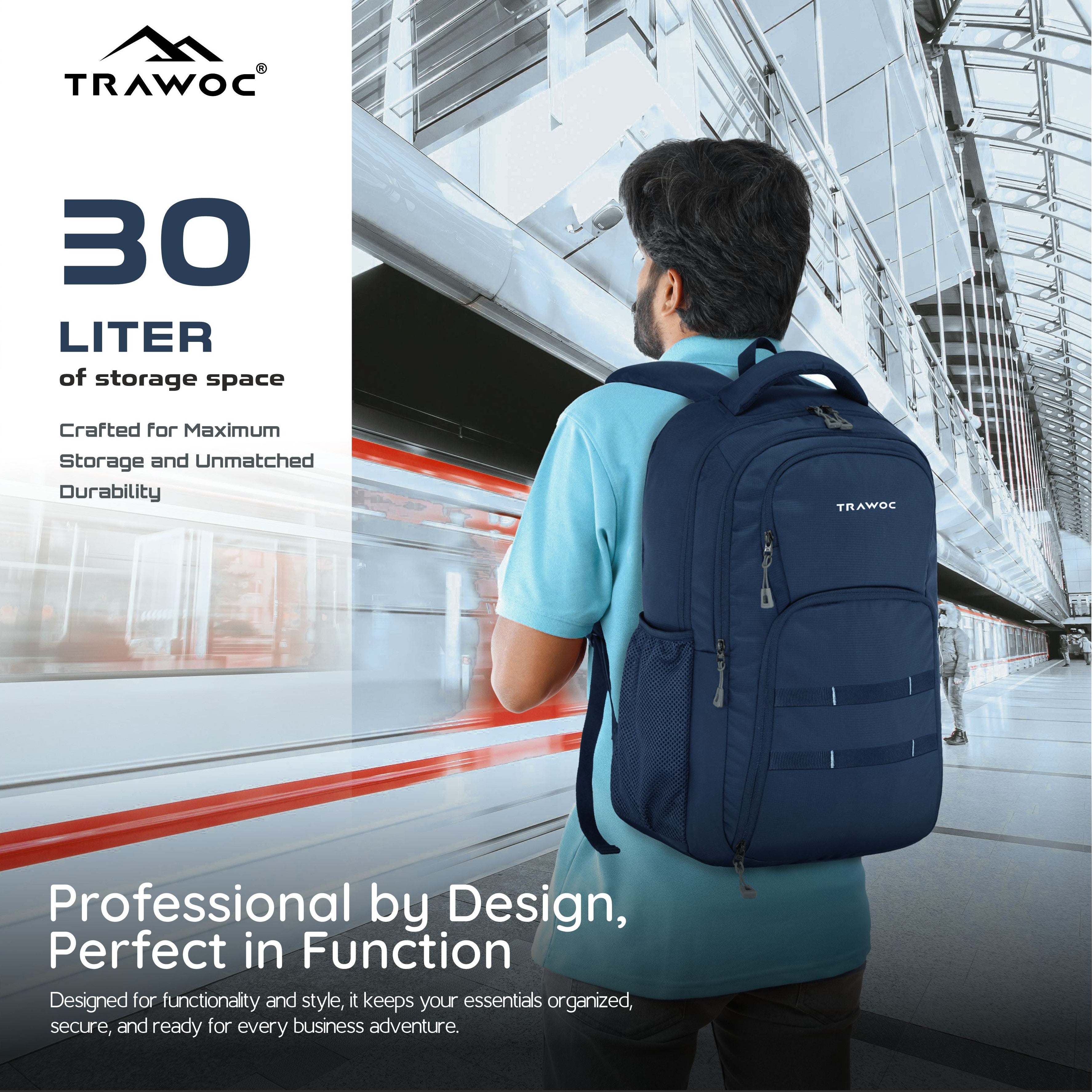 A person wearing the TPB05 35L Laptop Backpack in navy blue, demonstrating its comfortable fit and ergonomic design. The backpack is securely positioned on the individual's back, with adjustable padded shoulder straps providing support. The modern navy blue color and sleek design are clearly visible, making it suitable for various environments such as school, work, or casual outings.