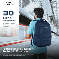 A person wearing the TPB05 35L Laptop Backpack in navy blue, demonstrating its comfortable fit and ergonomic design. The backpack is securely positioned on the individual's back, with adjustable padded shoulder straps providing support. The modern navy blue color and sleek design are clearly visible, making it suitable for various environments such as school, work, or casual outings.