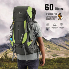 Image of a person wearing the TERRABOUND-60 Rucksack in green, with the backpack comfortably fitted on their back, demonstrating its ergonomic design, padded straps, and spacious compartments for outdoor activities.