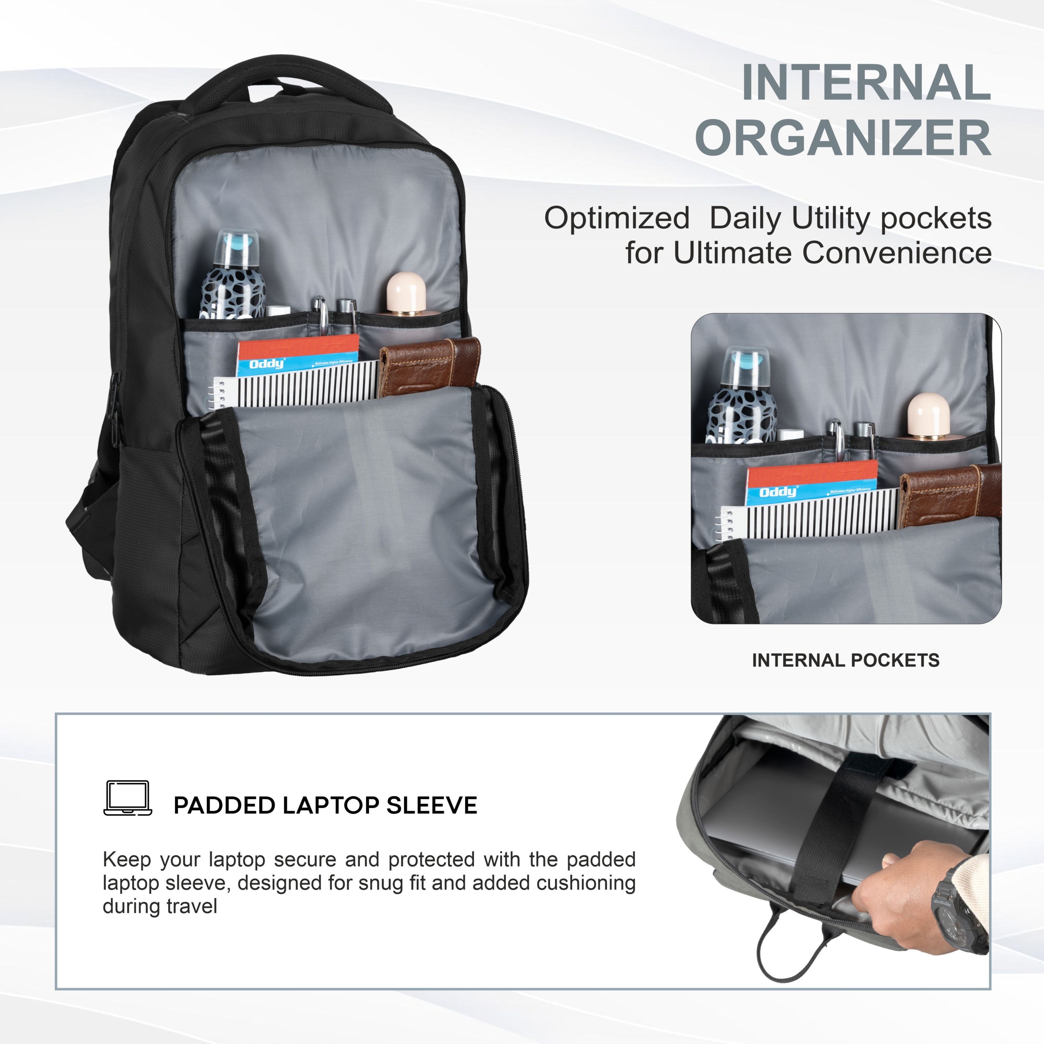 Interior view of the CPB01 26L Laptop Backpack in black, showcasing its well-designed internal organizer. The main compartment features a padded laptop sleeve that securely accommodates most 15-inch laptops, along with multiple pockets for efficient organization of accessories. These pockets are ideal for storing items such as pens, a phone, and chargers, ensuring easy access and protection.