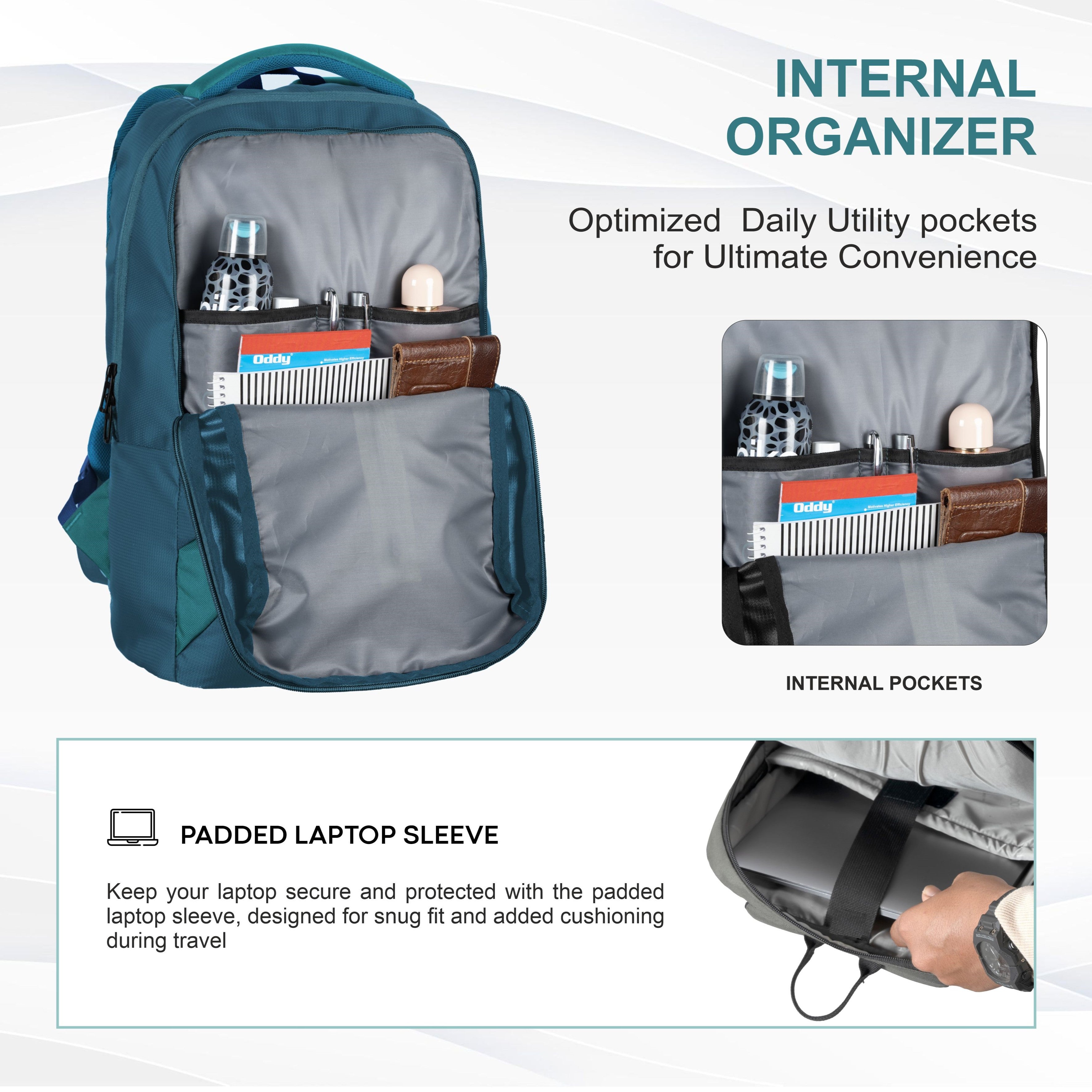 Detailed view of the internal organizer of the CPB01 26L Laptop Backpack in blue, showcasing its efficient layout designed for optimal organization. The main compartment features a padded laptop sleeve that securely holds most 15-inch laptops, while multiple interior pockets are available for organizing smaller items such as chargers, pens, and notebooks.