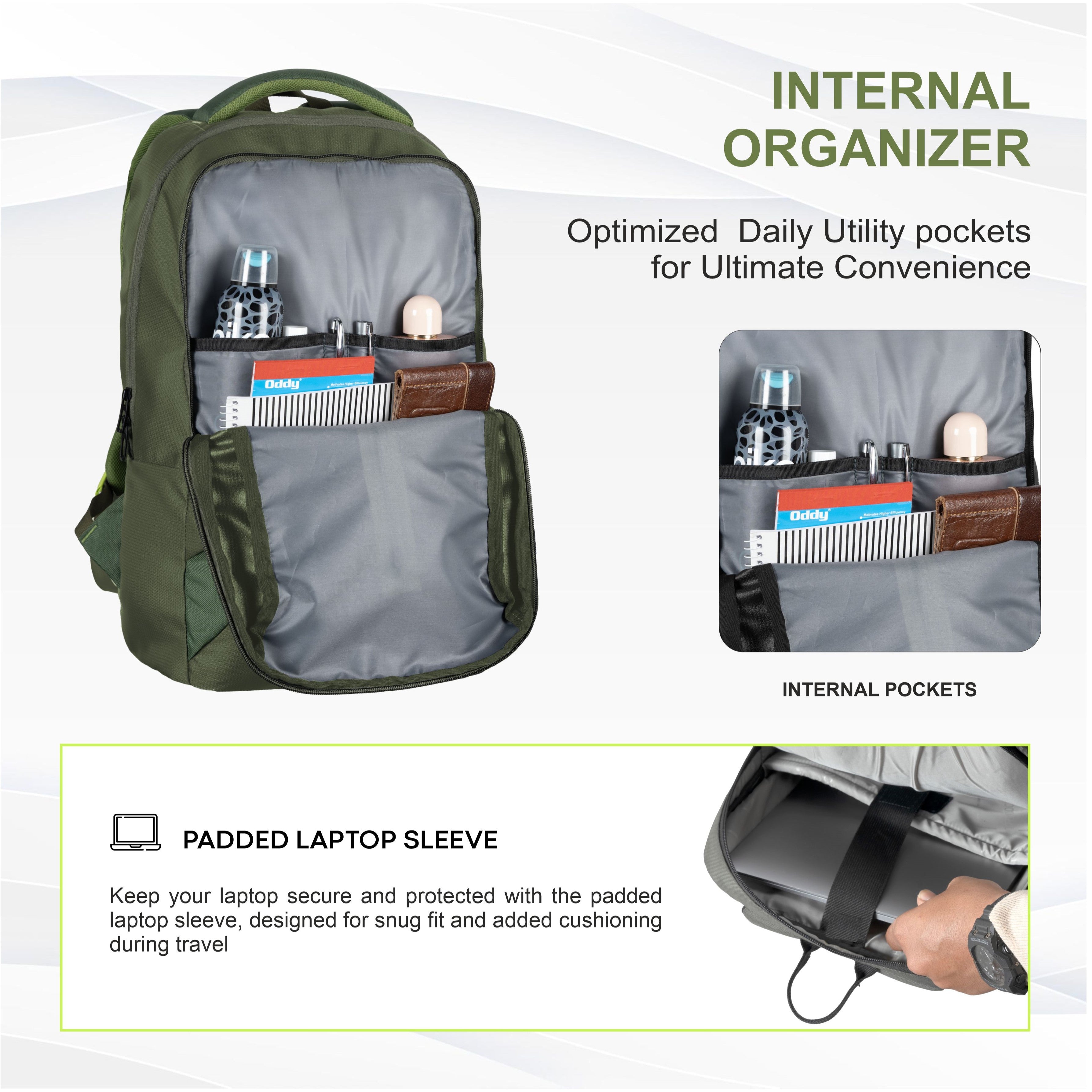 Interior view of the CPB01 26L Laptop Backpack in green, showcasing its well-designed internal organizer. The main compartment features a padded laptop sleeve that securely accommodates most 15-inch laptops, along with multiple pockets for efficient organization of accessories. These pockets are ideal for storing items such as pens, a phone, and chargers, ensuring easy access and protection.