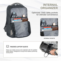 Interior view of the CPB01 26L Laptop Backpack in grey, highlighting its internal organizer and spacious layout. The main compartment features a padded laptop sleeve that securely accommodates most 15-inch laptops, along with multiple pockets for organizing accessories such as pens, a phone, and chargers.