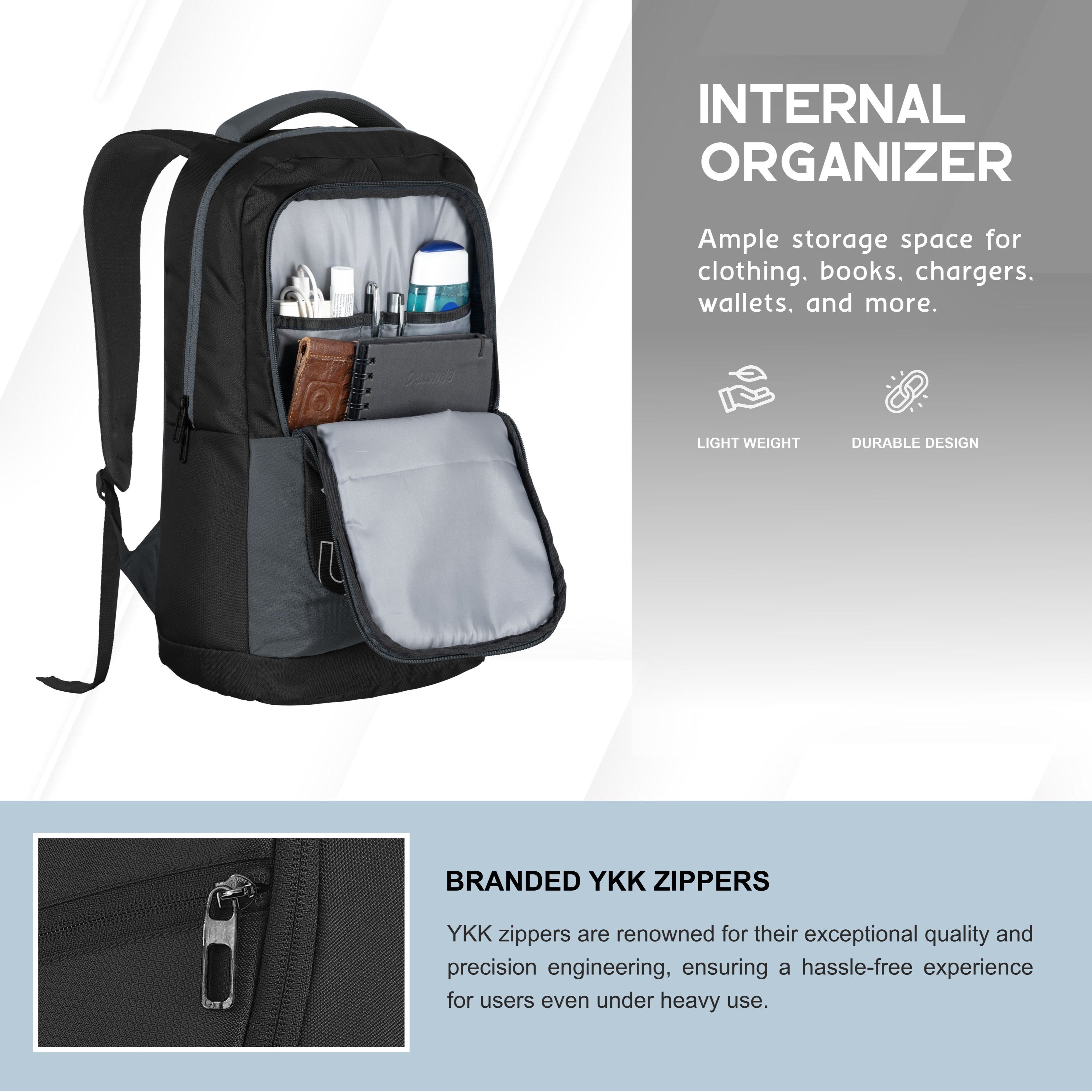 Interior view of the CPB02 26L Laptop Backpack in black, showcasing its internal organizer and spacious layout. The main compartment features a padded laptop sleeve designed to securely hold most 15-inch laptops, along with multiple pockets for organizing accessories such as pens, a phone, and chargers.