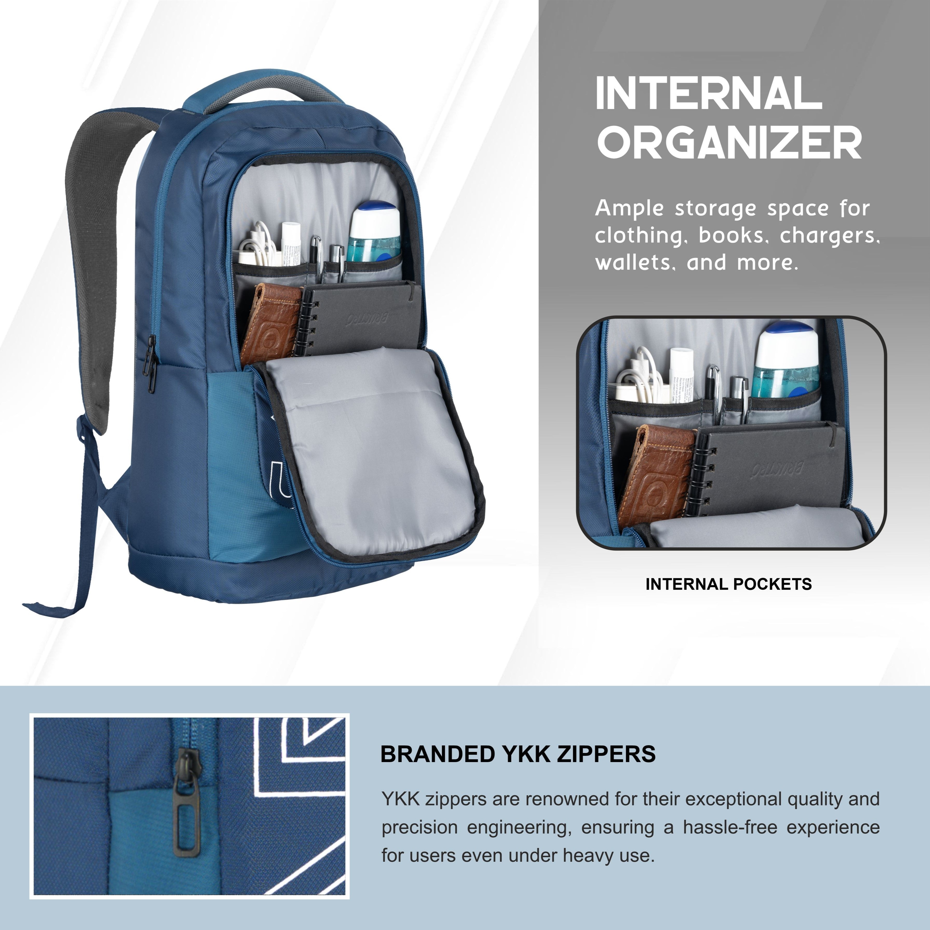 Interior view of the CPB02 26L Laptop Backpack in navy blue, showcasing its internal organizer and spacious storage capacity. The main compartment features a padded laptop sleeve designed to securely hold most 15-inch laptops, along with multiple pockets for organizing accessories such as pens, a phone, and chargers. The interior is lined with soft fabric to protect contents, and the overall layout promotes efficient organization, making it ideal for daily use and travel.