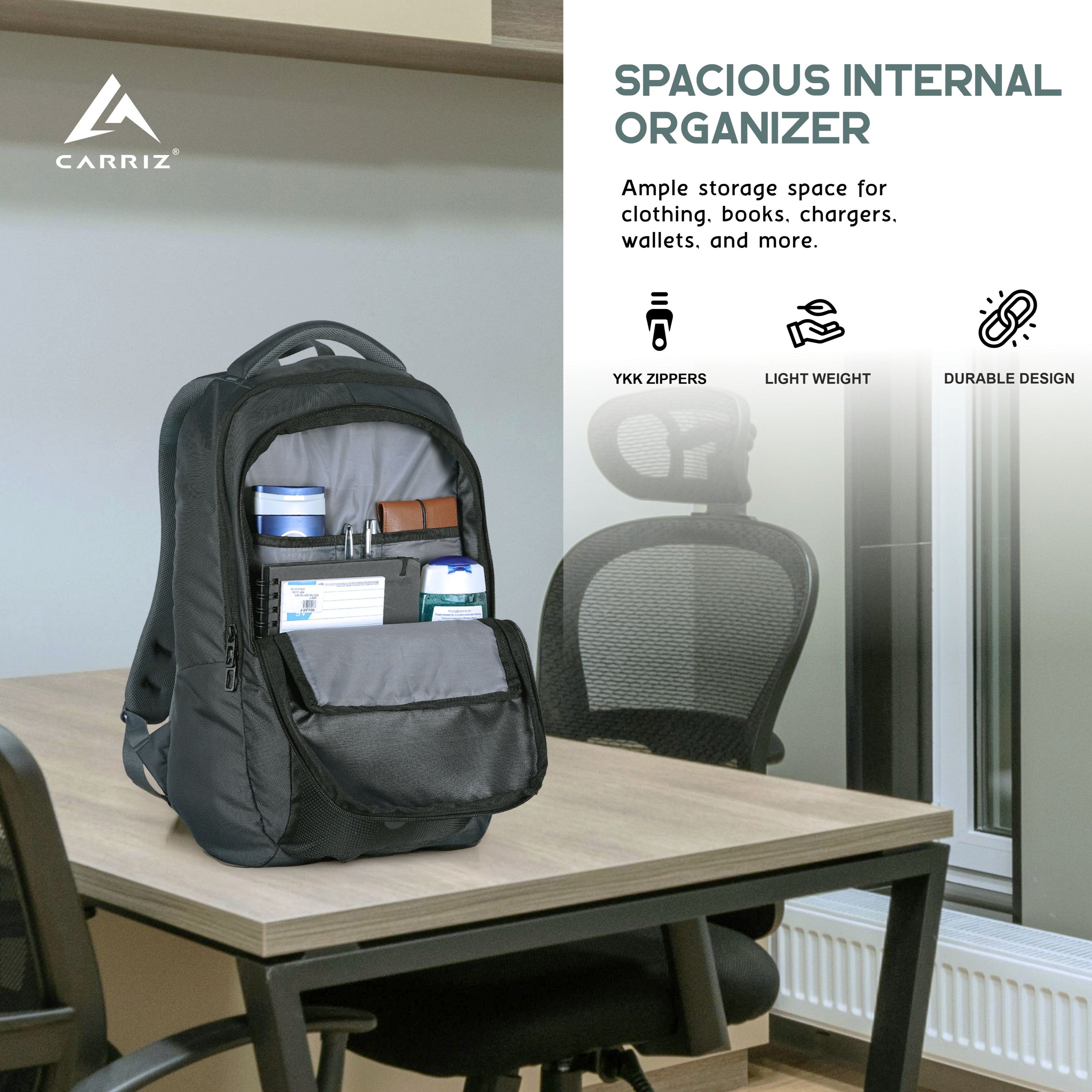 Interior view of the CPB05 26L Laptop Backpack in grey, highlighting its organized internal compartments. The main compartment features a padded laptop sleeve designed to securely hold most 15-inch laptops, along with several pockets for efficient organization of accessories. These pockets are ideal for storing items such as pens, a phone, and chargers, ensuring easy access and protection. 