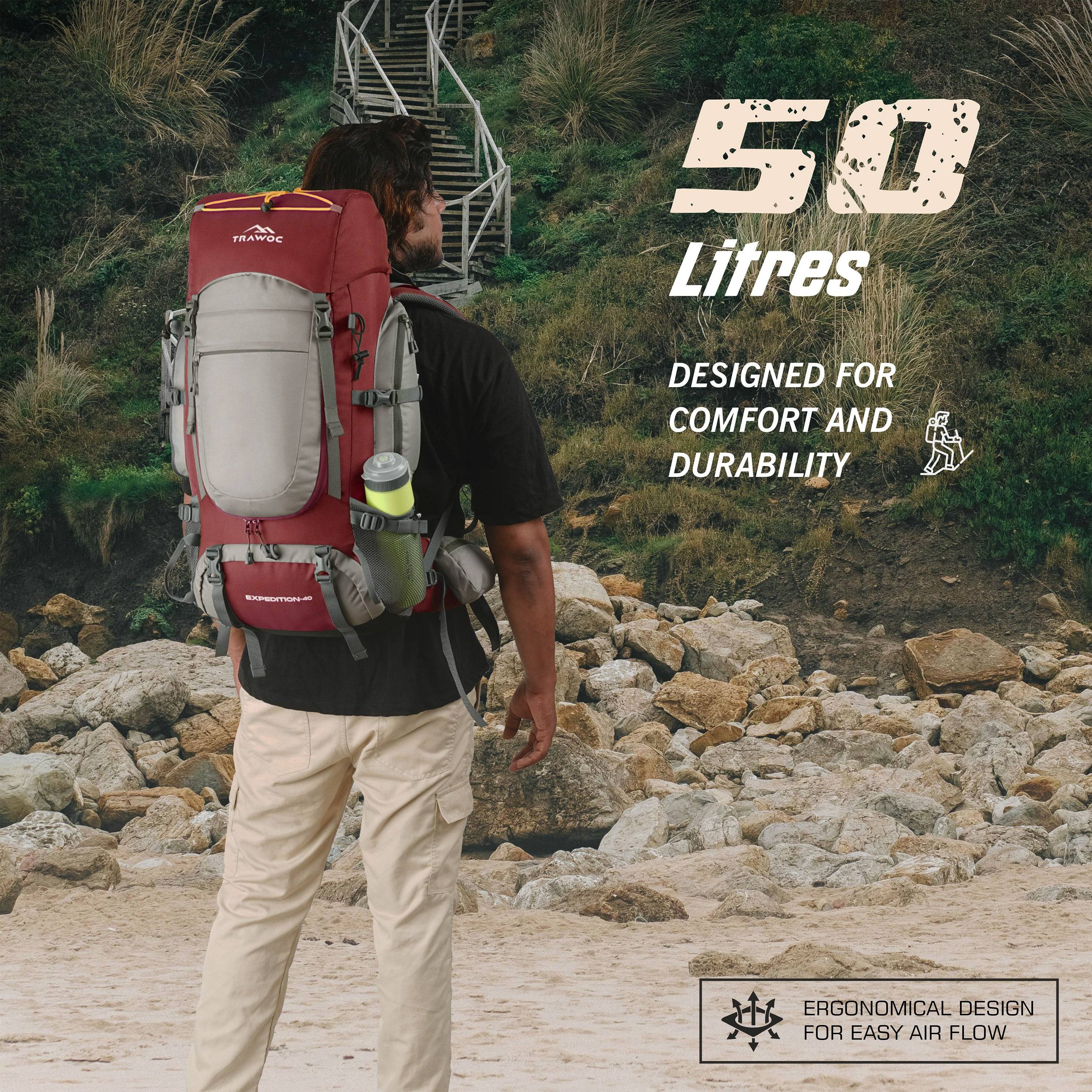 Man wearing WILDQUEST-50 Rucksack on a hiking trail, emphasizing 50L capacity, ergonomic design, and comfort for outdoor adventures.