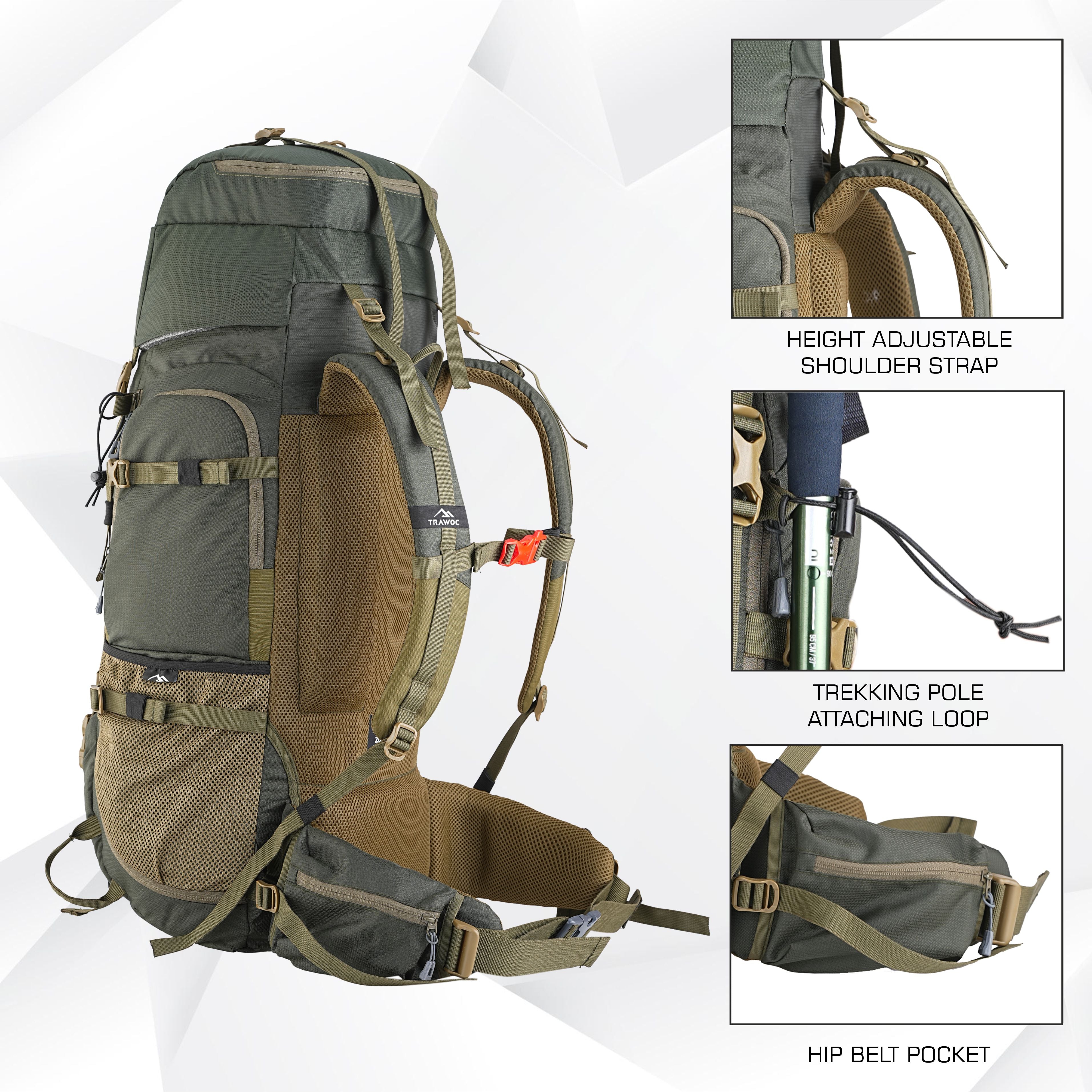 Other side of TRIUMPH_X-75_Rucksack_-_Hunter-Green Backpack featuring hip belt with buckle, water bottle compartment, and bottom pocket for organized storage and convenience.