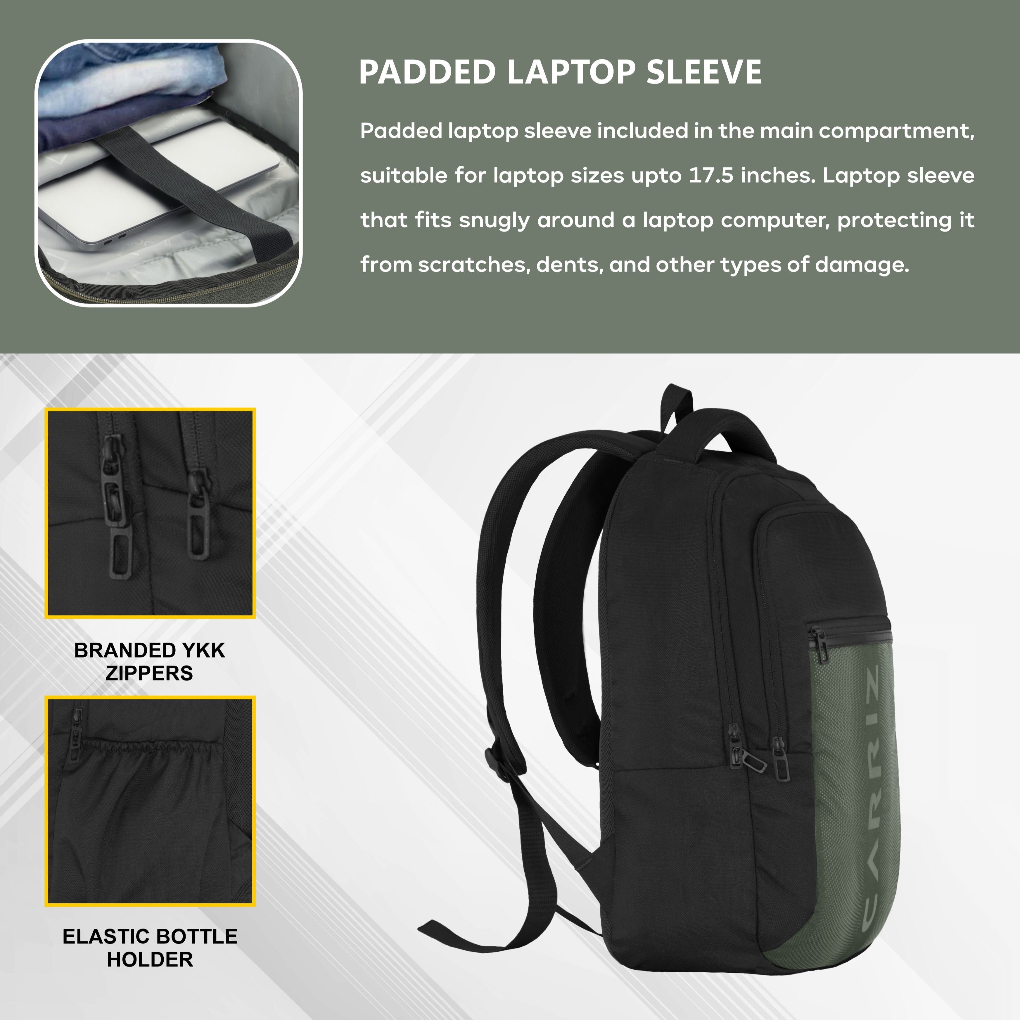 Close-up view of the padded laptop sleeve in the CPB05 26L Laptop Backpack in black, showcasing its protective design. The image highlights the soft, cushioned interior that securely accommodates laptops up to 15.6 inches, ensuring safe transport. The sleeve features a secure closure to keep the device in place, while the durable exterior material of the backpack is visible, emphasizing both protection and style for everyday use.