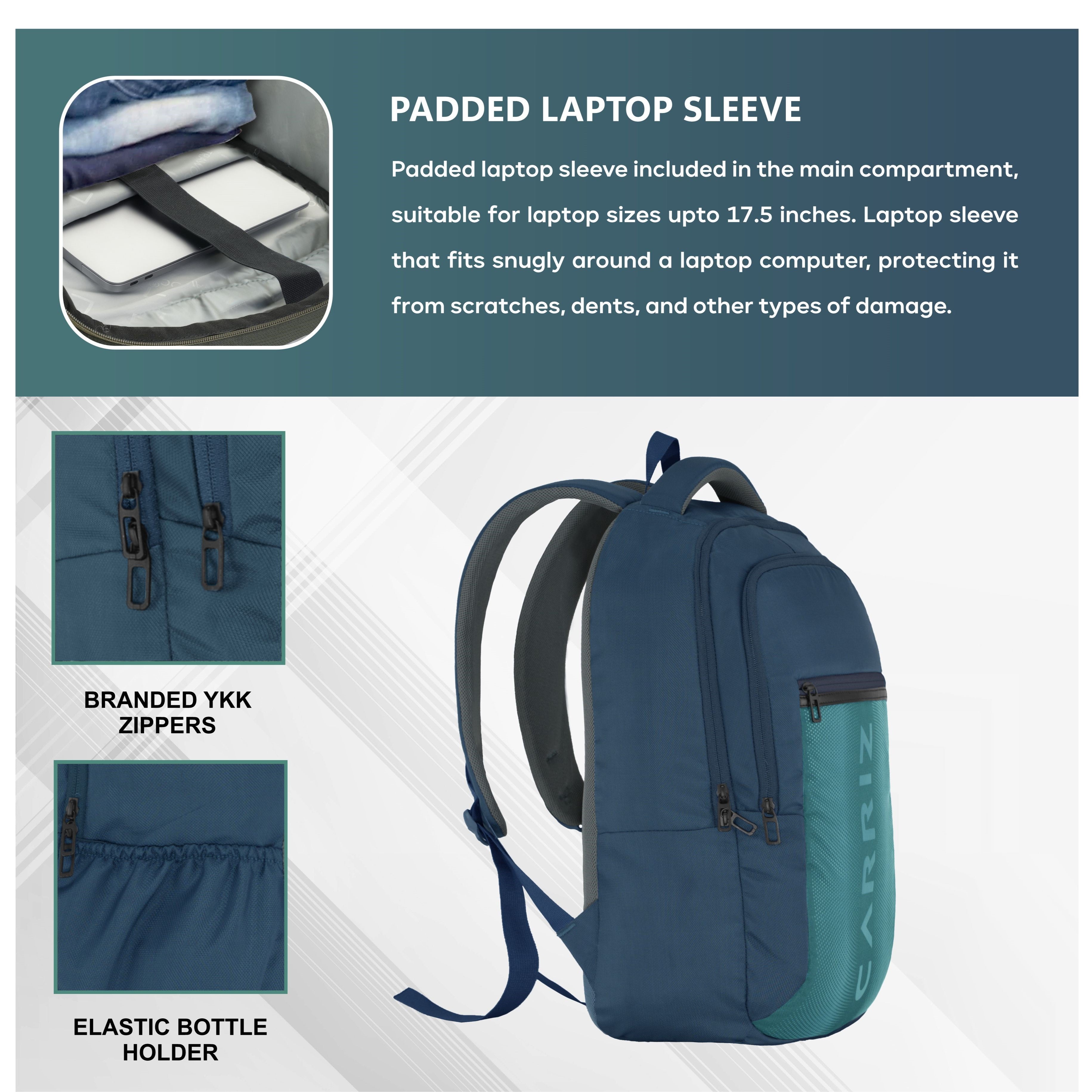 Close-up view of the padded sleeve inside the CPB05 26L Laptop Backpack in blue. The sleeve is designed to securely hold a laptop, featuring thick cushioning for protection against impacts. The interior is lined with soft fabric to prevent scratches, and the sleeve is spacious enough to accommodate most 15-inch laptops. The sleeve is positioned against the back panel of the backpack for added stability and comfort while carrying.