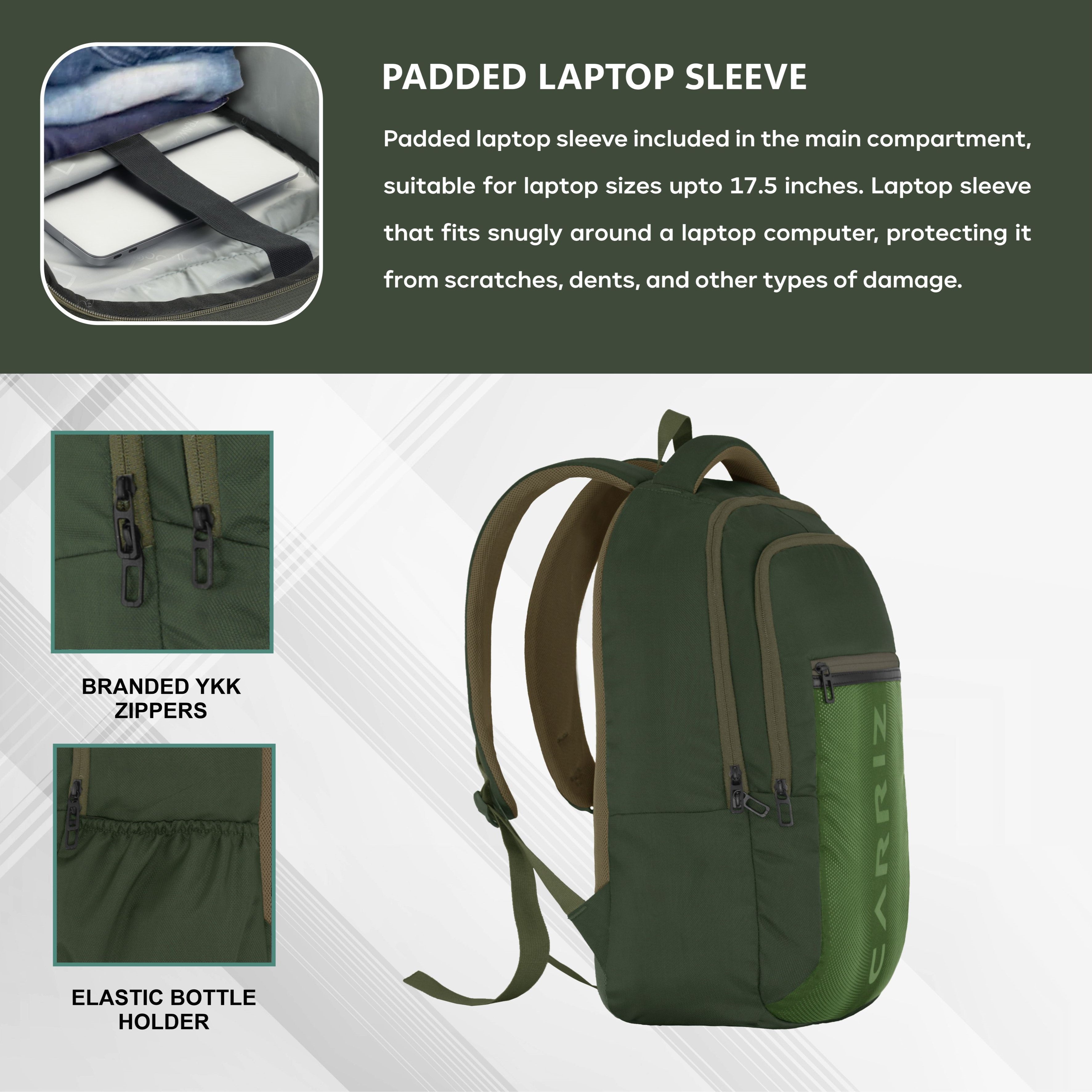 Close-up view of the padded sleeve inside the CPB05 26L Laptop Backpack in green. The sleeve is designed to securely hold a laptop, featuring thick cushioning for impact protection. It is lined with soft fabric to prevent scratches and is spacious enough to accommodate most 15-inch laptops.