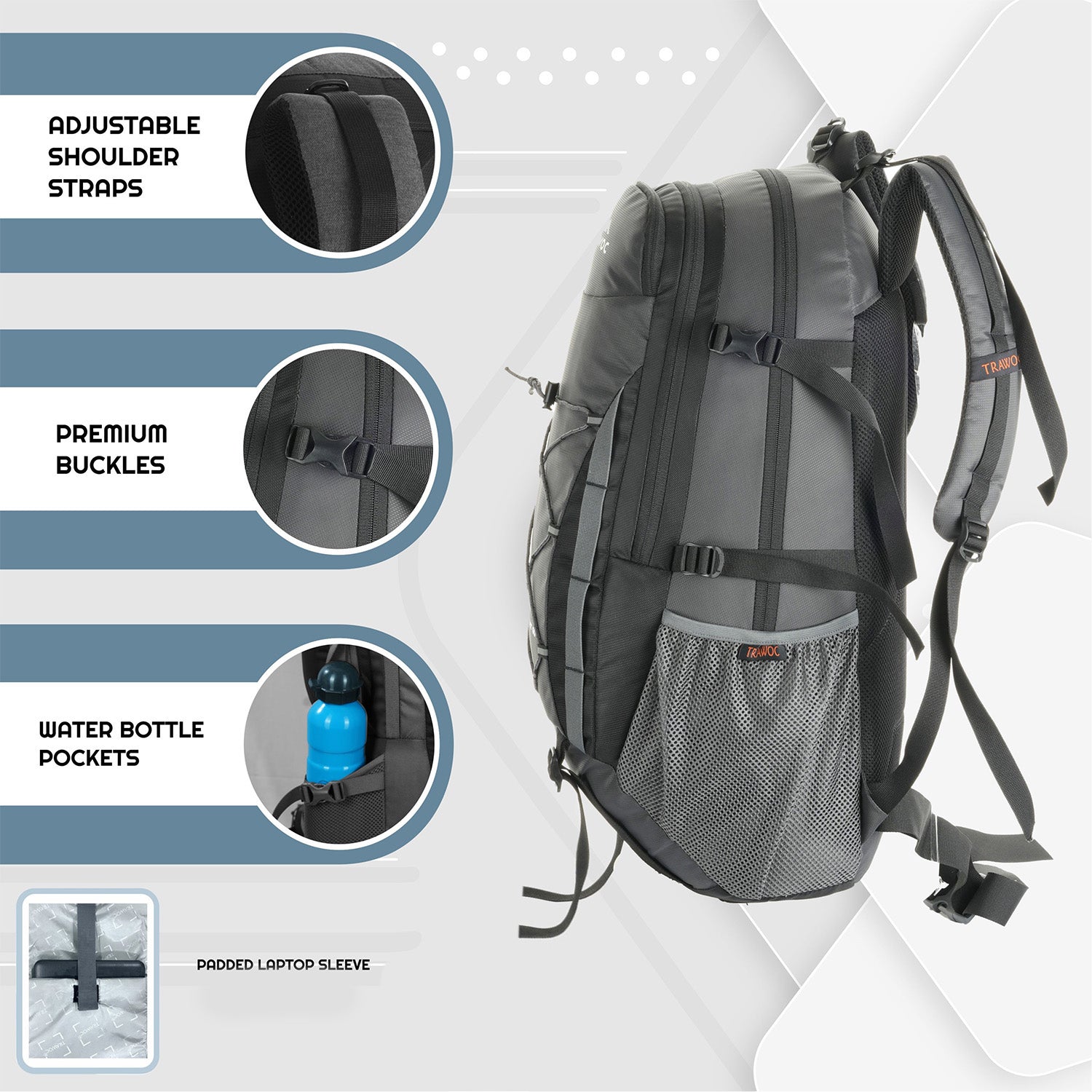 Side view of the INFERNO-40 Rucksack in grey, showcasing its functional design and features. The image highlights adjustable side compression straps for securing gear, a side pocket for water bottles or small items, and reinforced stitching for enhanced durability.