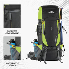 Side view of the TERRABOUND-60 Rucksack in green, highlighting its ergonomic design with adjustable straps, side pockets, and a durable build, perfect for outdoor activities and extended trekking.