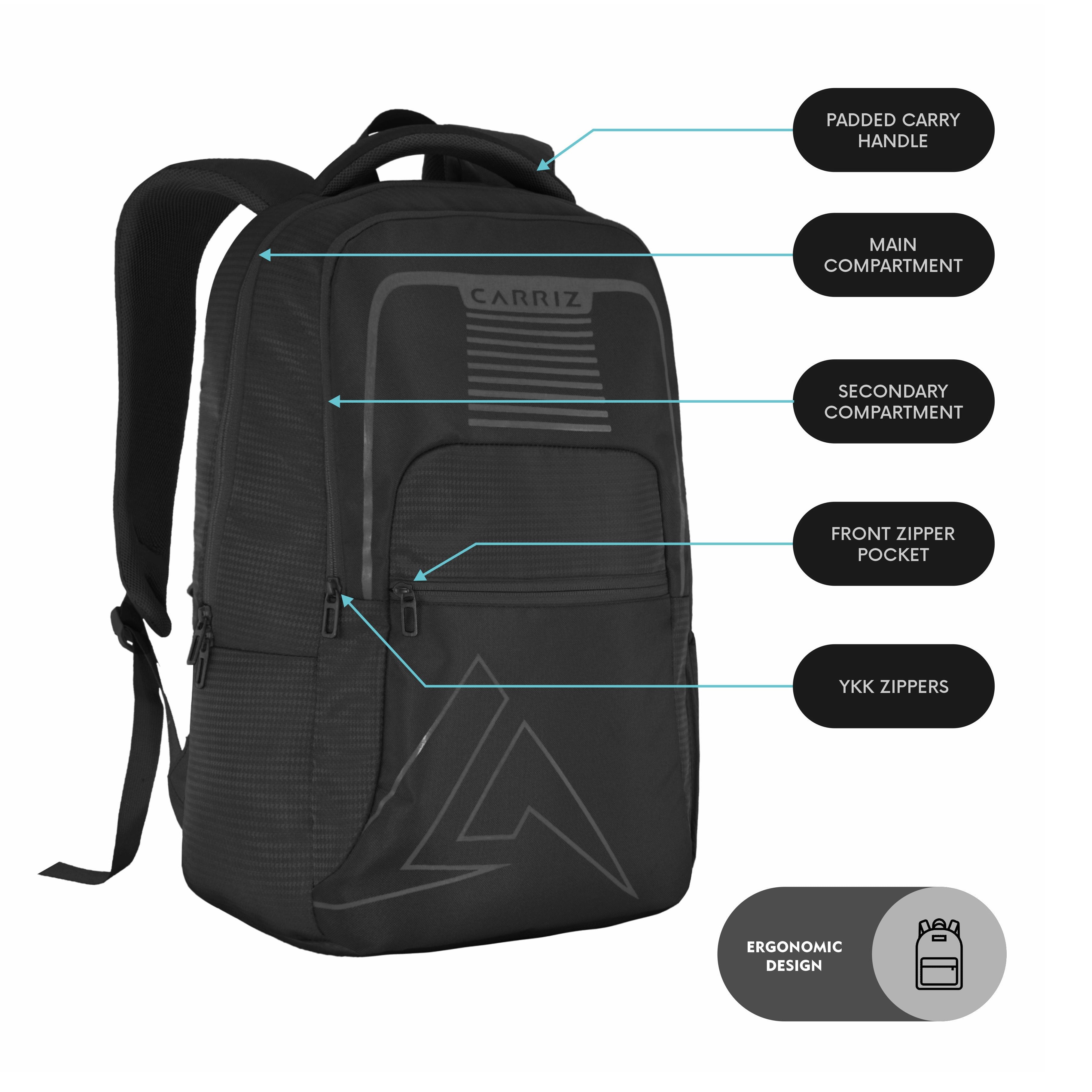 Side view of the CPB03 25L Laptop Backpack in black, highlighting its sleek and functional design. The backpack features padded shoulder straps for comfort and a breathable back panel for ventilation. A side mesh pocket is visible, designed for holding a water bottle, while the durable fabric and minimalist black color enhance its modern aesthetic.