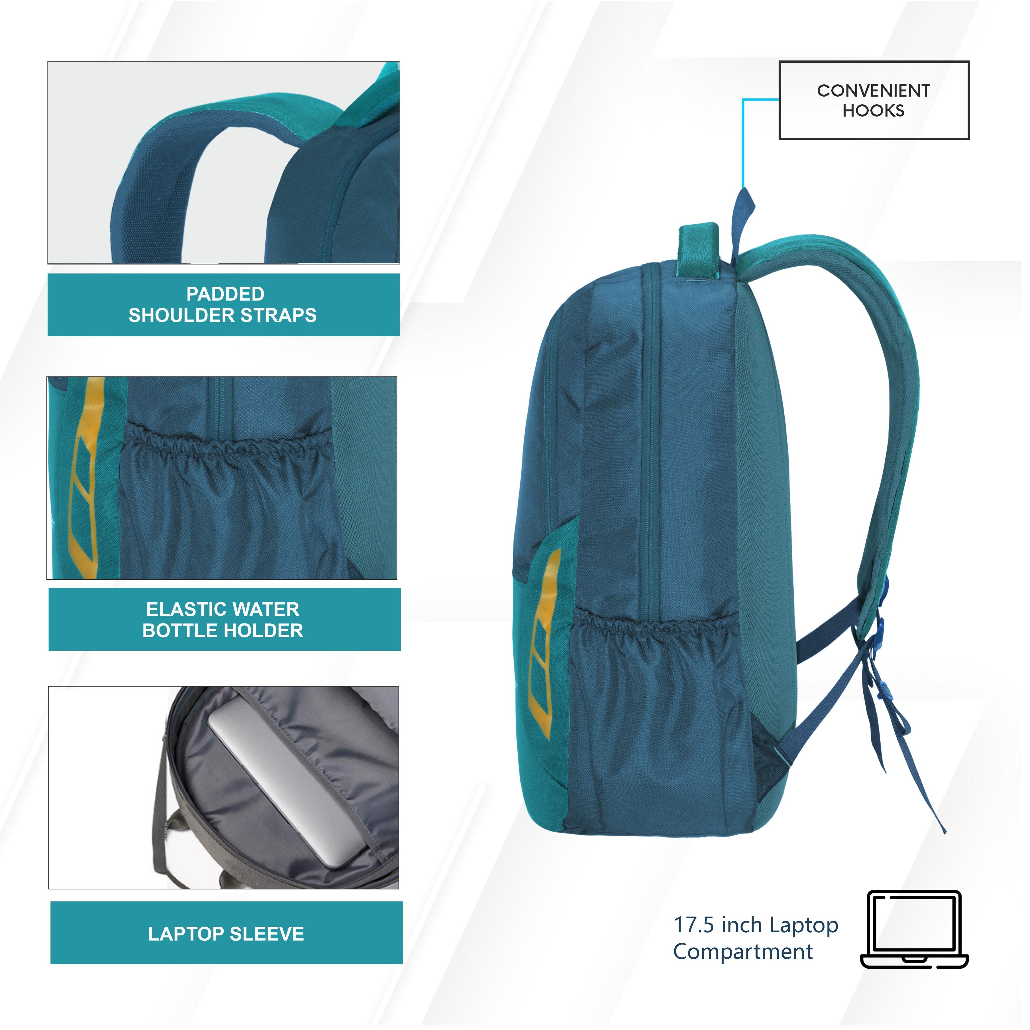 Side view of the CPB04 23L Laptop Backpack in blue, highlighting its sleek and functional design. The backpack features a streamlined silhouette with padded shoulder straps for comfort and support. One side showcases a mesh pocket for convenient access to a water bottle, while the other side displays the durable blue fabric and stitching details.