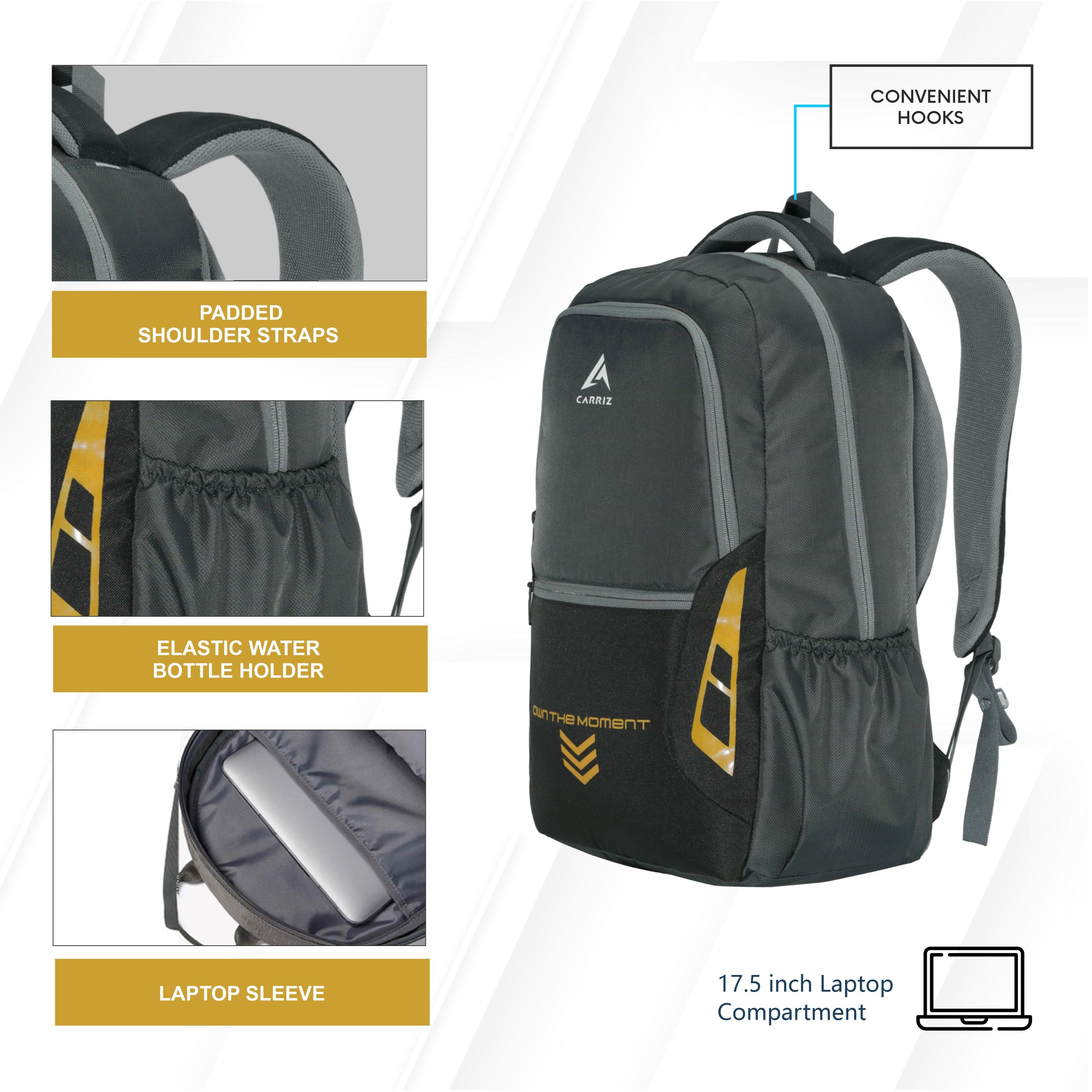 Side view of the CPB04 23L Laptop Backpack in grey, highlighting its streamlined design and functional features. The backpack showcases padded shoulder straps for comfort and a breathable back panel for ventilation. A side mesh pocket is visible, designed for holding a water bottle, while the durable fabric and sophisticated grey color enhance its modern aesthetic.