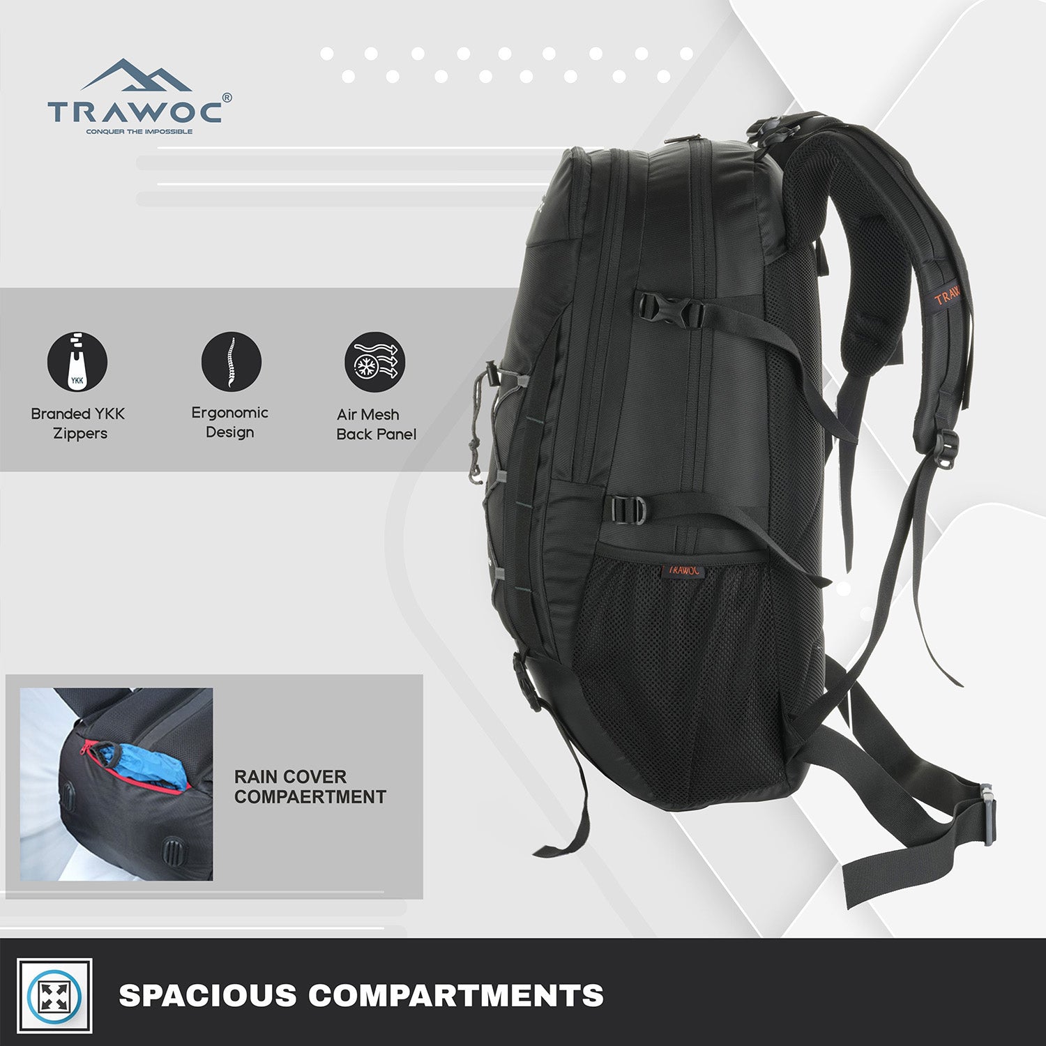 Side view of the INFERNO-40 Rucksack in black, highlighting its functional design and features. The image showcases adjustable side compression straps for securing gear, a side pocket for water bottles or small items, and reinforced stitching for enhanced durability.