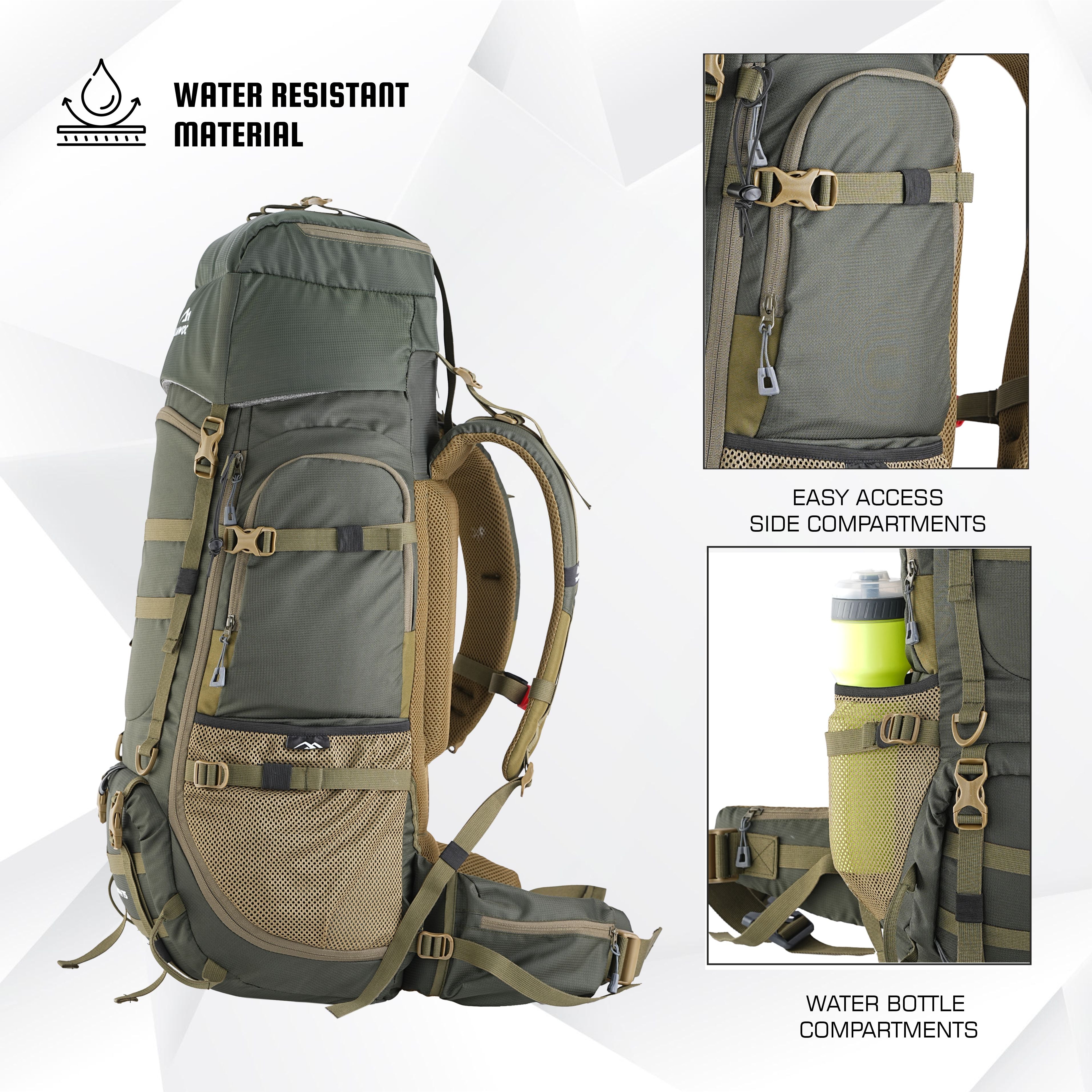 Side View of TRIUMPH_X-75_Rucksack_-_Hunter-Green Backpack showcasing padded shoulder straps, top lid pocket, and laptop sleeve for added functionality.