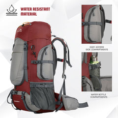 Side view of WILDQUEST-50 Rucksack in carmine red with water-resistant material, side compartments, and water bottle pockets.