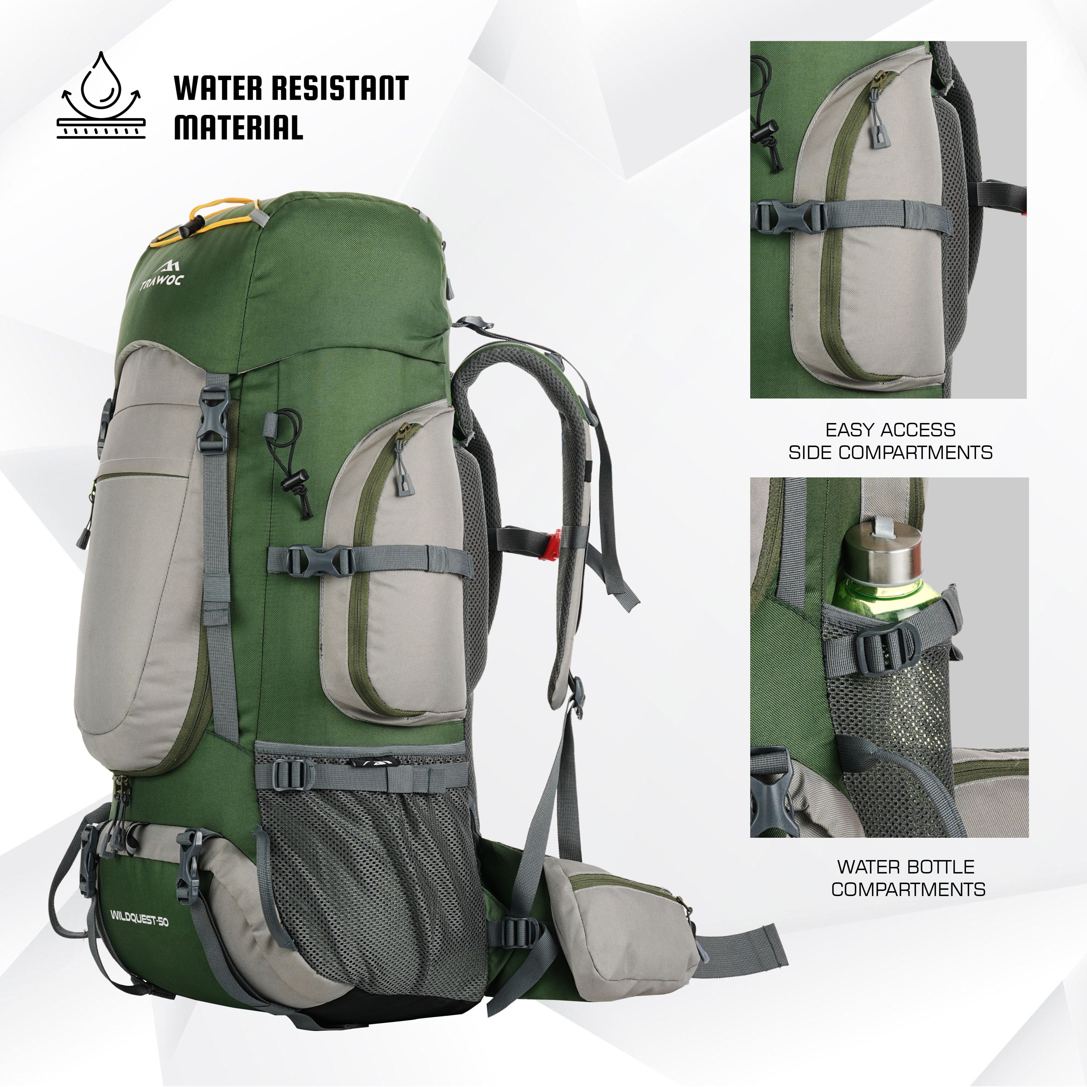 Side view of WILDQUEST-50 Rucksack - HUNTER GREEN Backpack showcasing padded shoulder straps, top lid pocket, and laptop sleeve for added functionality.