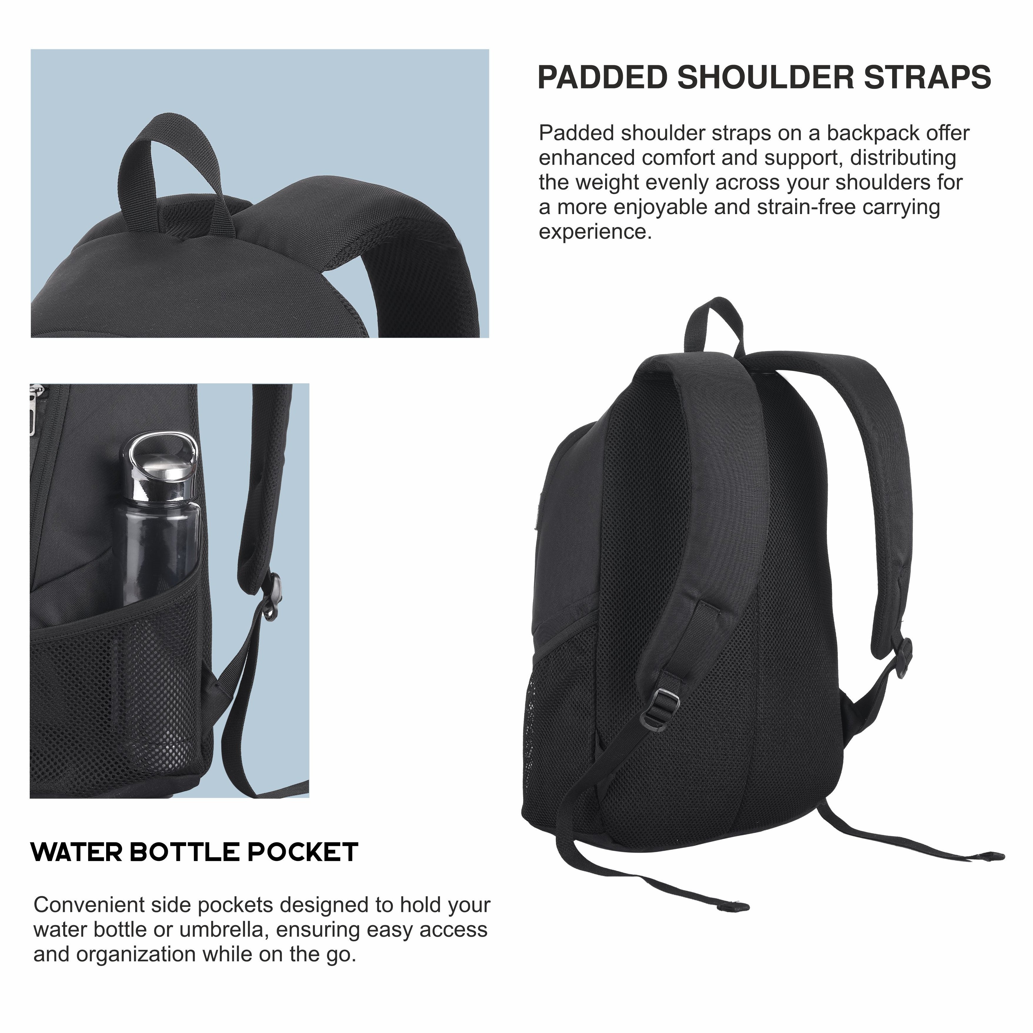 Close-up view of the shoulder straps of the CARRIZ Casual Backpack - CB01 in black, showcasing their padded design for enhanced comfort during wear. The adjustable straps allow for a customizable fit, ensuring the backpack sits securely on the shoulders.