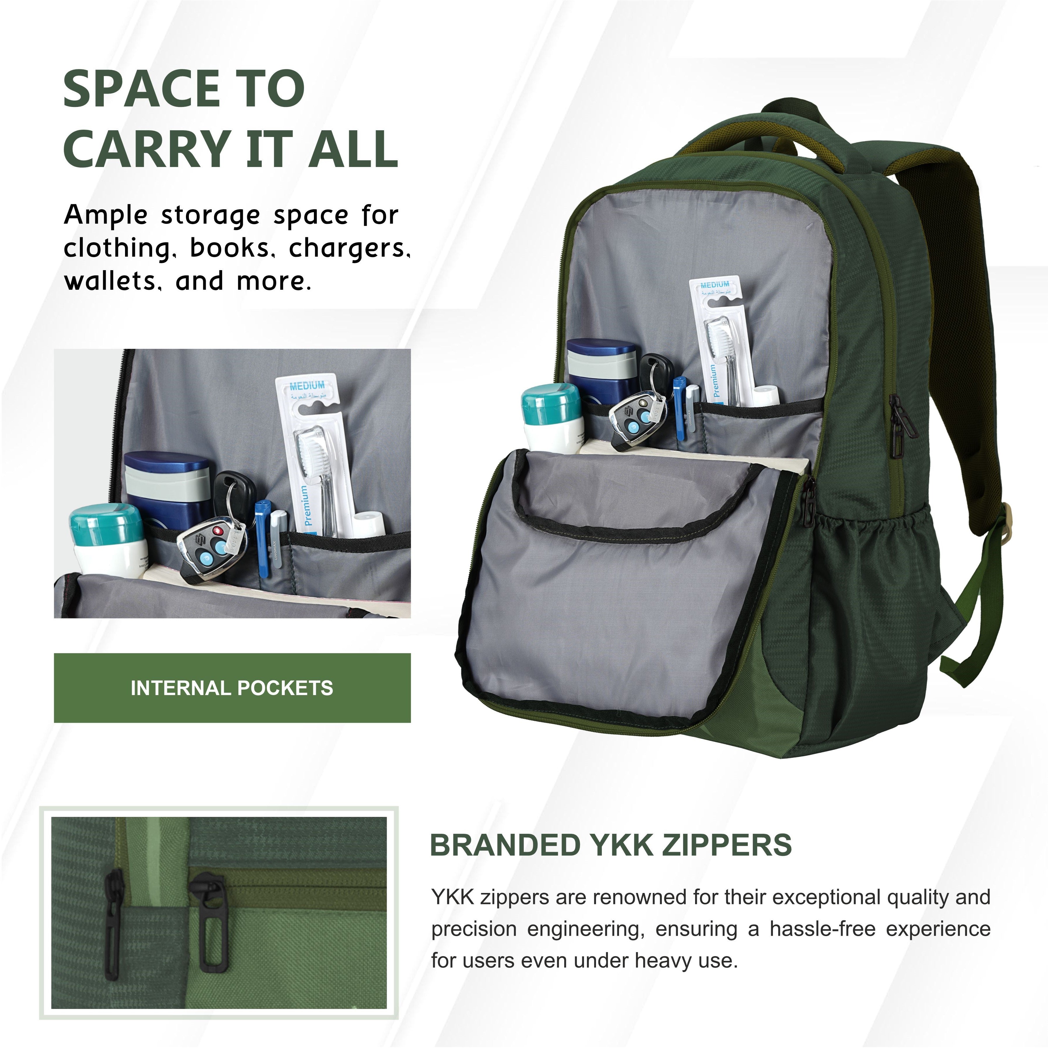 Interior view of the CPB03 25L Laptop Backpack in green, highlighting its spacious storage capacity. The main compartment features a padded laptop sleeve designed to securely hold most 15-inch laptops, along with ample room for books and other essentials. Additional organizational pockets are visible, including a front zippered pocket for quick access to smaller items and side mesh pockets for water bottles. The interior is lined with soft fabric to protect contents, and the overall layout promotes efficien