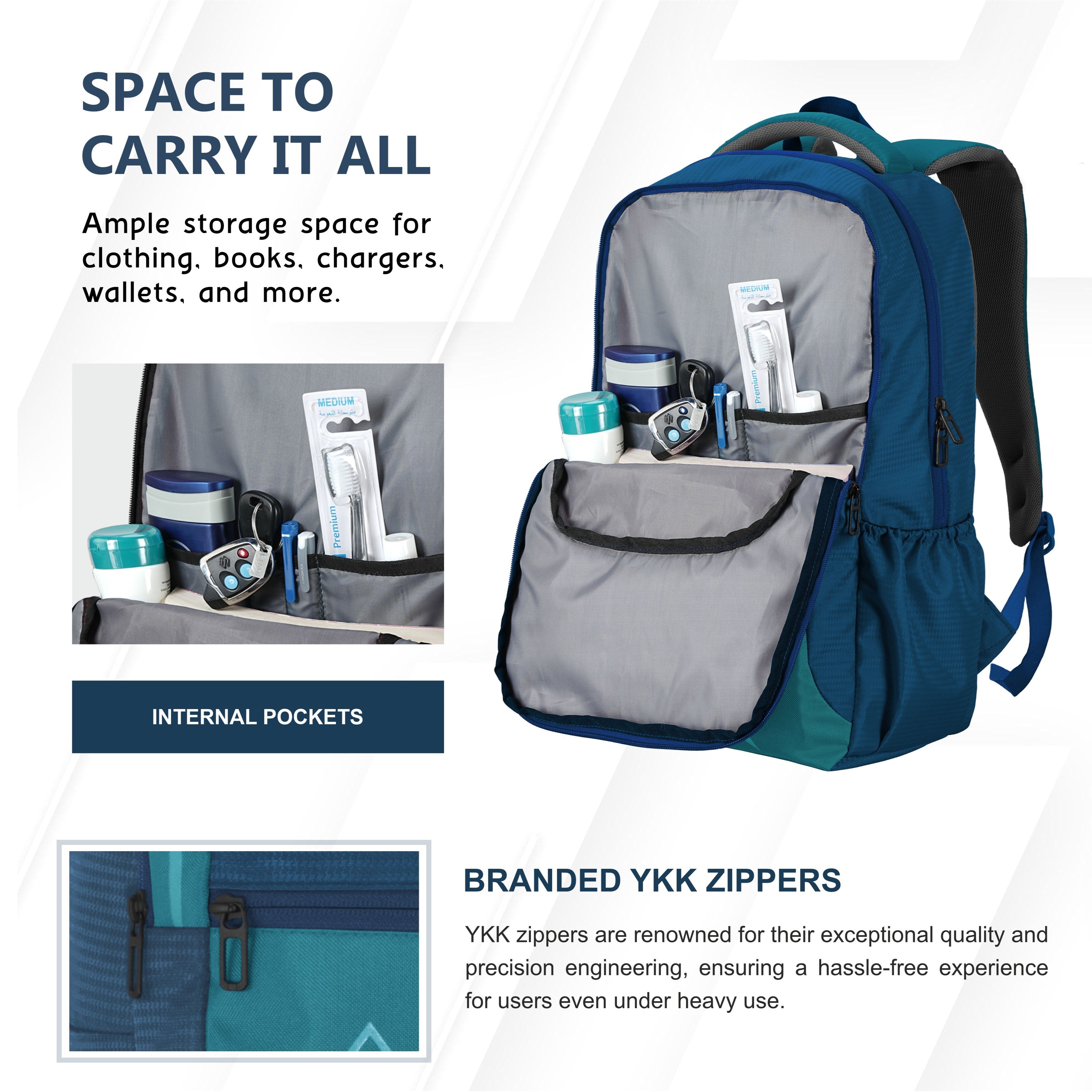 View of the carrying space in the CPB03 25L Laptop Backpack in blue, showcasing its roomy and organized interior. The main compartment is designed to securely hold a laptop, while additional pockets provide ample space for accessories like chargers, notebooks, and personal items. The backpack features a top handle for easy lifting and carrying, along with adjustable padded shoulder straps for comfortable wear.