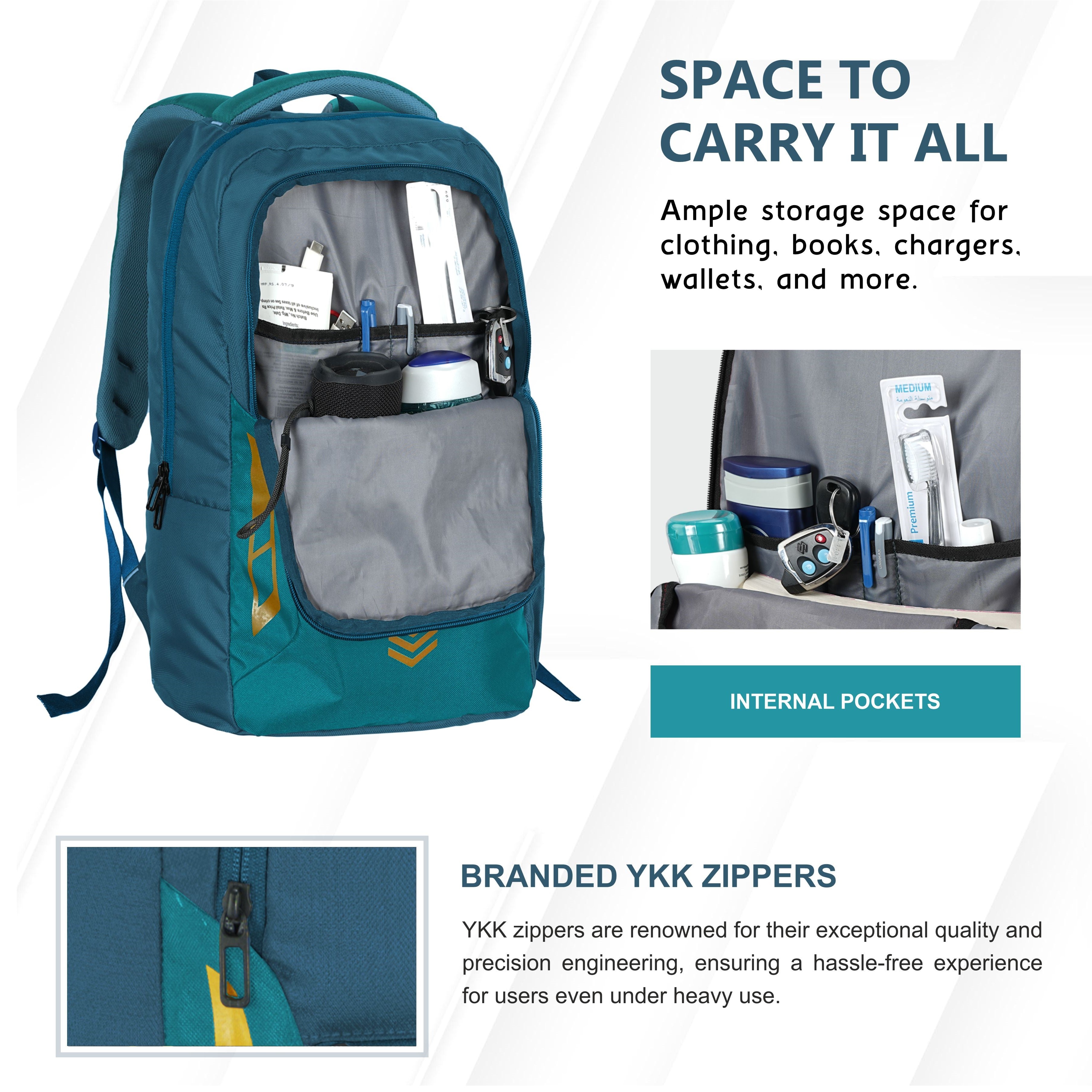 View of the carrying space in the CPB04 23L Laptop Backpack in blue, showcasing its spacious and organized interior. The main compartment is designed to accommodate a laptop securely, while additional pockets provide ample room for accessories such as chargers, notebooks, and personal items. The backpack features a top handle for easy lifting and carrying, along with adjustable padded shoulder straps for comfortable wear.