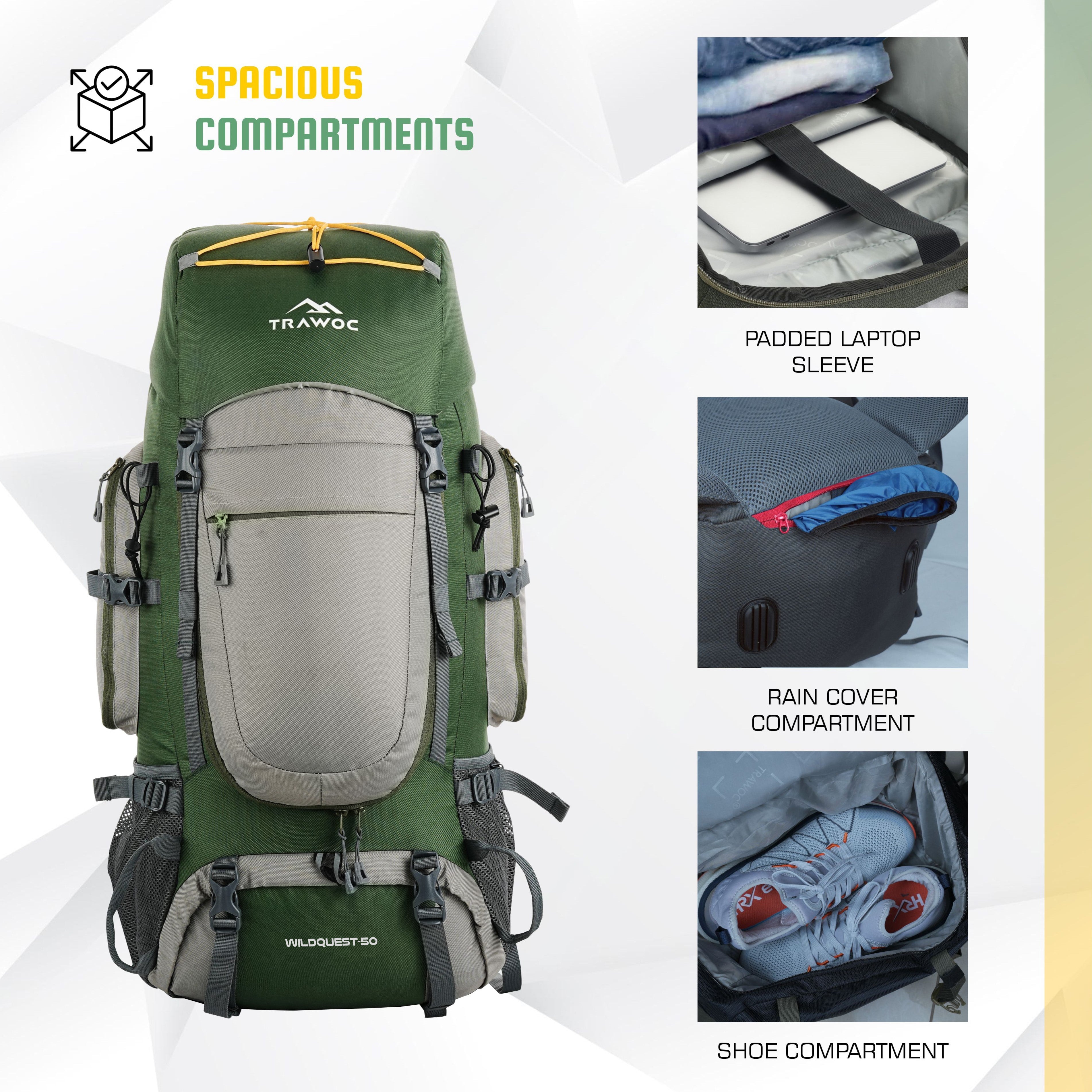 Spacious Compartments of WILDQUEST-50 Rucksack - HUNTER GREEN Backpack featuring hip belt with buckle, water bottle compartment, and bottom pocket for organized storage and convenience.