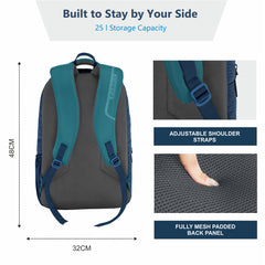 Detailed view of the storage compartments in the CPB03 25L Laptop Backpack in blue. The backpack features a spacious main compartment with a padded laptop sleeve designed to securely hold most 15-inch laptops. It includes a large front zippered pocket for quick access to essentials, side mesh pockets for water bottles, and multiple interior pockets for organizing smaller items such as pens, chargers, and a phone.