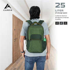 Detailed view of the storage compartments in the CPB03 25L Laptop Backpack in green. The backpack features a spacious main compartment with a padded laptop sleeve designed to securely hold most 15-inch laptops. Additional organizational features include a front zippered pocket for quick access to essentials, side mesh pockets for water bottles, and smaller interior pockets for accessories like pens and a phone.