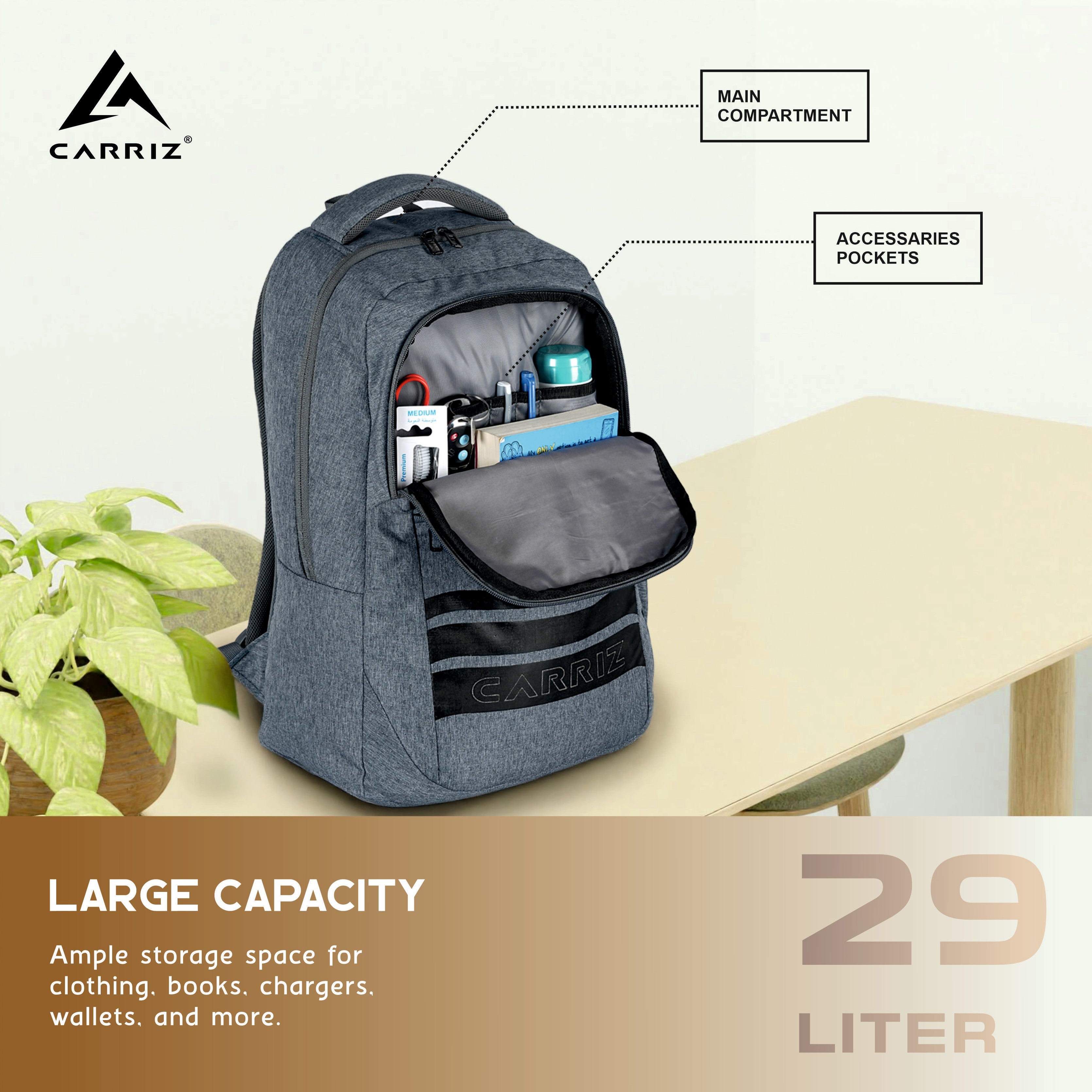 Storage view of the CPB07 29L Laptop Backpack in ash blue, highlighting its spacious interior and organizational features. The image showcases a large main compartment with a padded laptop sleeve that securely accommodates devices up to 15.6 inches. Various internal pockets are visible, designed for organizing smaller items such as pens, chargers, and notebooks.