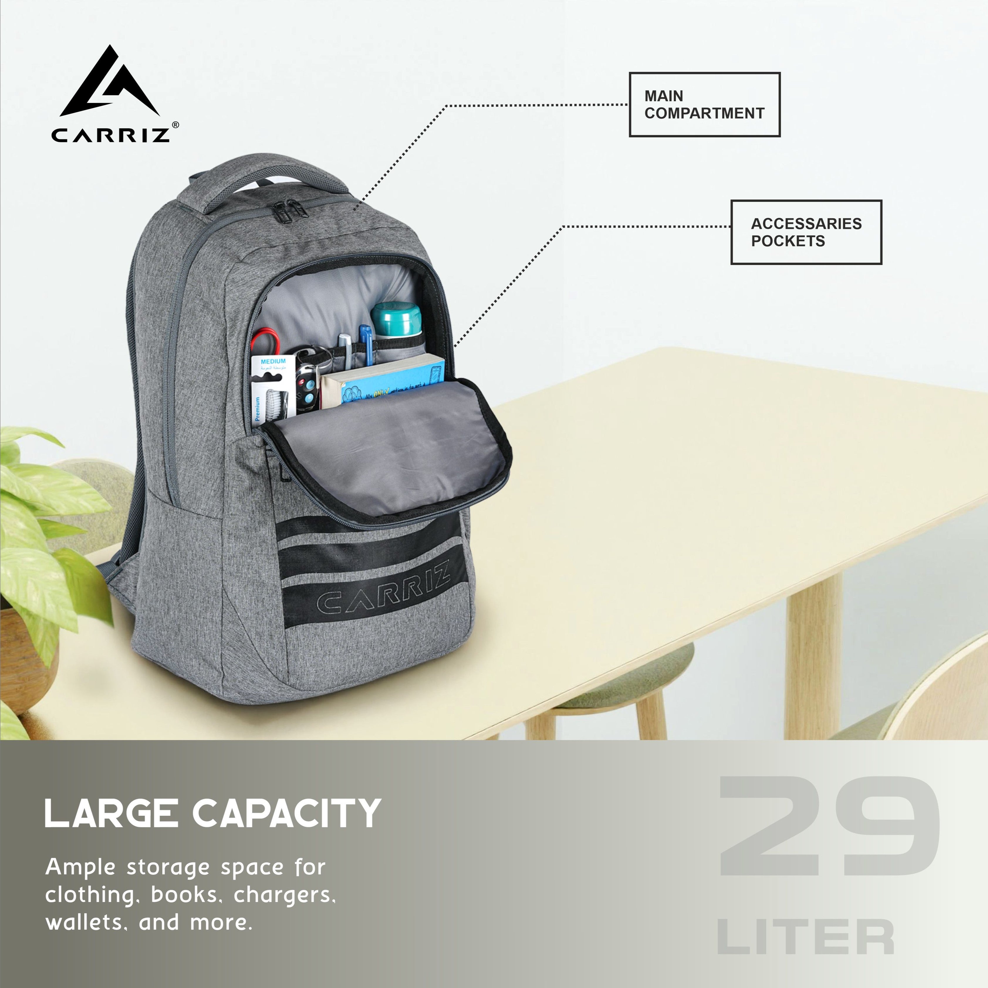 Storage view of the CPB07 29L Laptop Backpack in ash grey, highlighting its spacious interior and organizational features. The image showcases a roomy main compartment with a padded laptop sleeve that securely holds devices up to 15.6 inches. Various internal pockets are visible, designed for organizing smaller items such as pens, chargers, and notebooks. Additionally, the backpack includes side pockets for water bottles or quick-access essentials, emphasizing practicality and efficiency for daily use and t