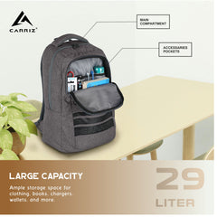 Detailed view of the storage compartments in the CPB07 29L Laptop Backpack in brown. The backpack features a spacious main compartment with a padded laptop sleeve designed to securely hold most 15-inch laptops. It includes a front zippered pocket for quick access to essentials, side mesh pockets for water bottles, and multiple interior pockets for organizing smaller items such as pens, a phone, and chargers.