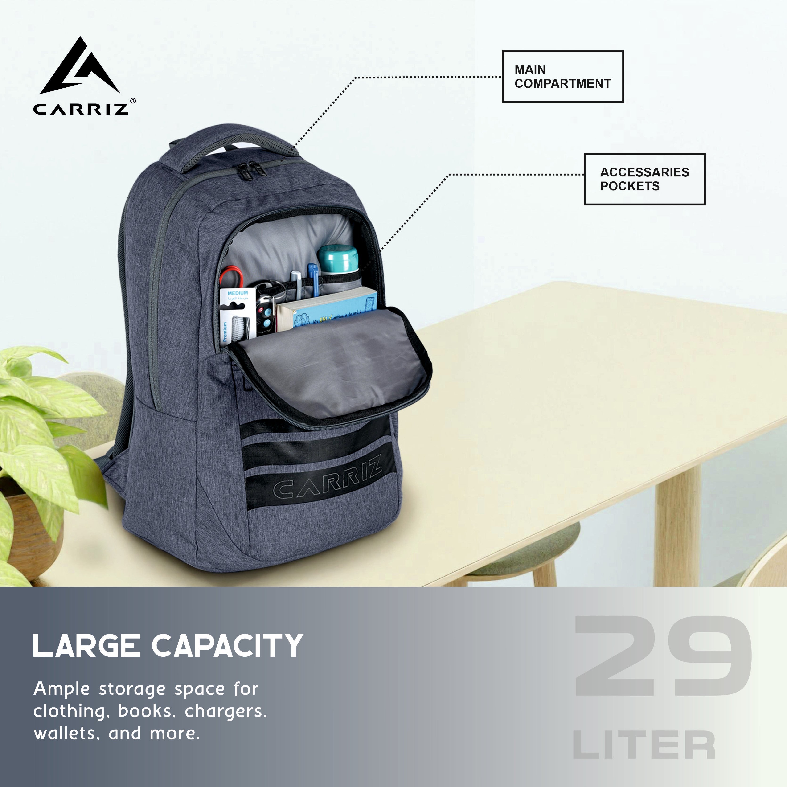 Storage view of the CPB07 29L Laptop Backpack in navy blue, highlighting its generous capacity and organizational features. The image showcases a spacious main compartment with a padded laptop sleeve designed to securely hold devices up to 15.6 inches. Various internal pockets are visible, providing dedicated spaces for organizing smaller items such as pens, chargers, and notebooks.