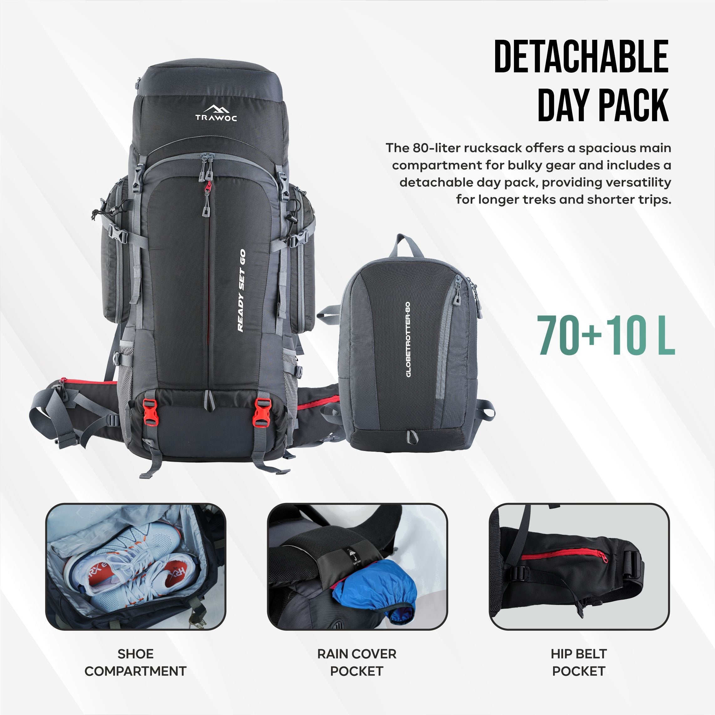 Interior view of the GLOBETROTTER-80 Rucksack in grey, highlighting its spacious storage capacity with multiple compartments, including a padded laptop sleeve, mesh pockets for organization, and a large main area designed for efficient packing.