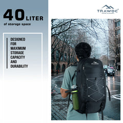 Interior view of the INFERNO-40 Rucksack in black, showcasing its spacious storage capacity and organizational features. The image highlights a large main compartment with a secure zip closure, multiple zippered pockets for efficient organization of gear, and mesh dividers for easy access to essentials. The rucksack's layout emphasizes practicality and functionality, making it perfect for outdoor adventures, travel, and everyday carry.