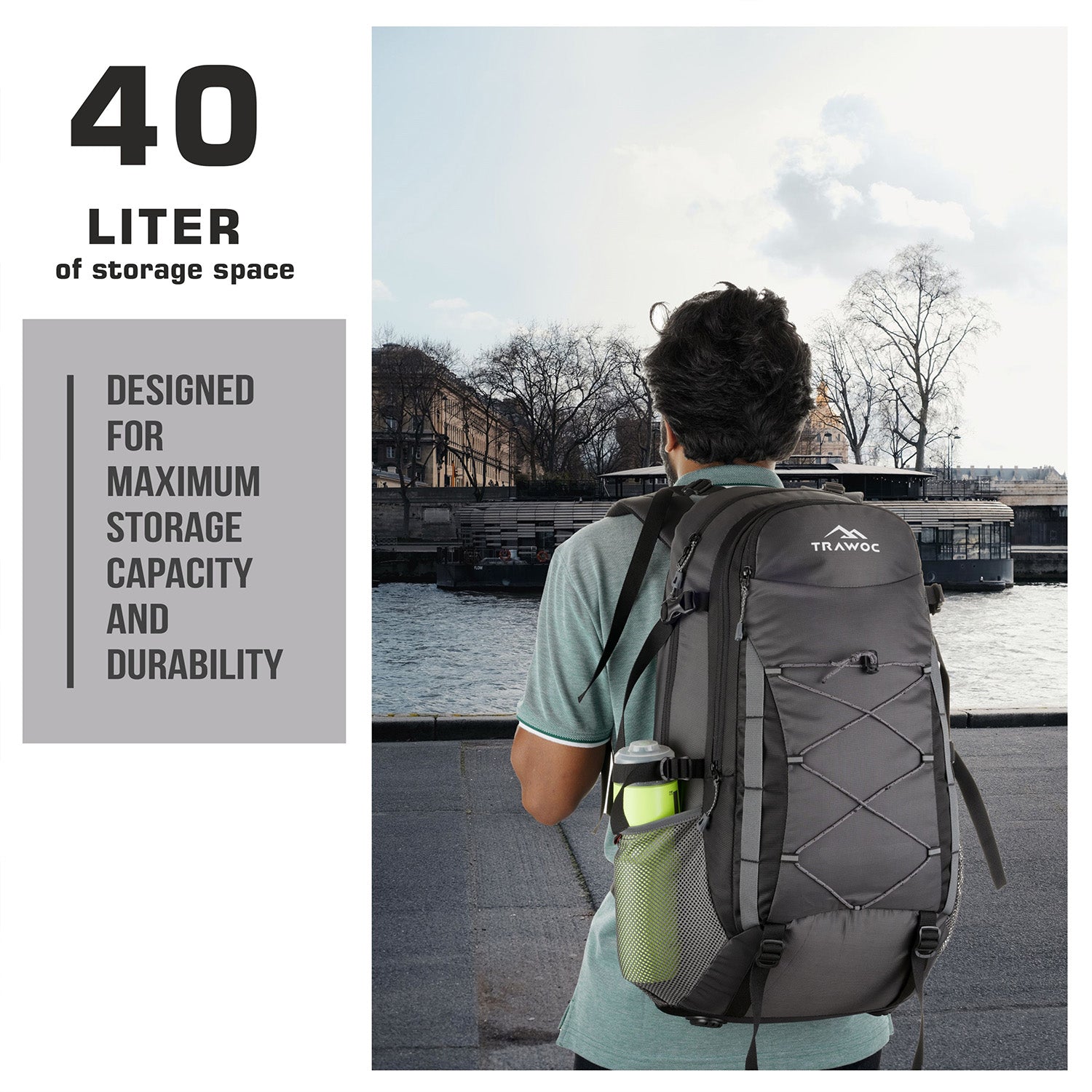 Interior view of the INFERNO-40 Rucksack in grey, showcasing its generous storage capacity and organizational features. The image highlights a large main compartment with a secure zip closure, multiple zippered pockets for efficient organization of gear, and mesh pockets for easy access to smaller items. The rucksack also includes a hydration reservoir compartment, emphasizing its practicality for outdoor activities and travel.