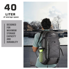 Interior view of the INFERNO-40 Rucksack in grey, showcasing its generous storage capacity and organizational features. The image highlights a large main compartment with a secure zip closure, multiple zippered pockets for efficient organization of gear, and mesh pockets for easy access to smaller items. The rucksack also includes a hydration reservoir compartment, emphasizing its practicality for outdoor activities and travel.