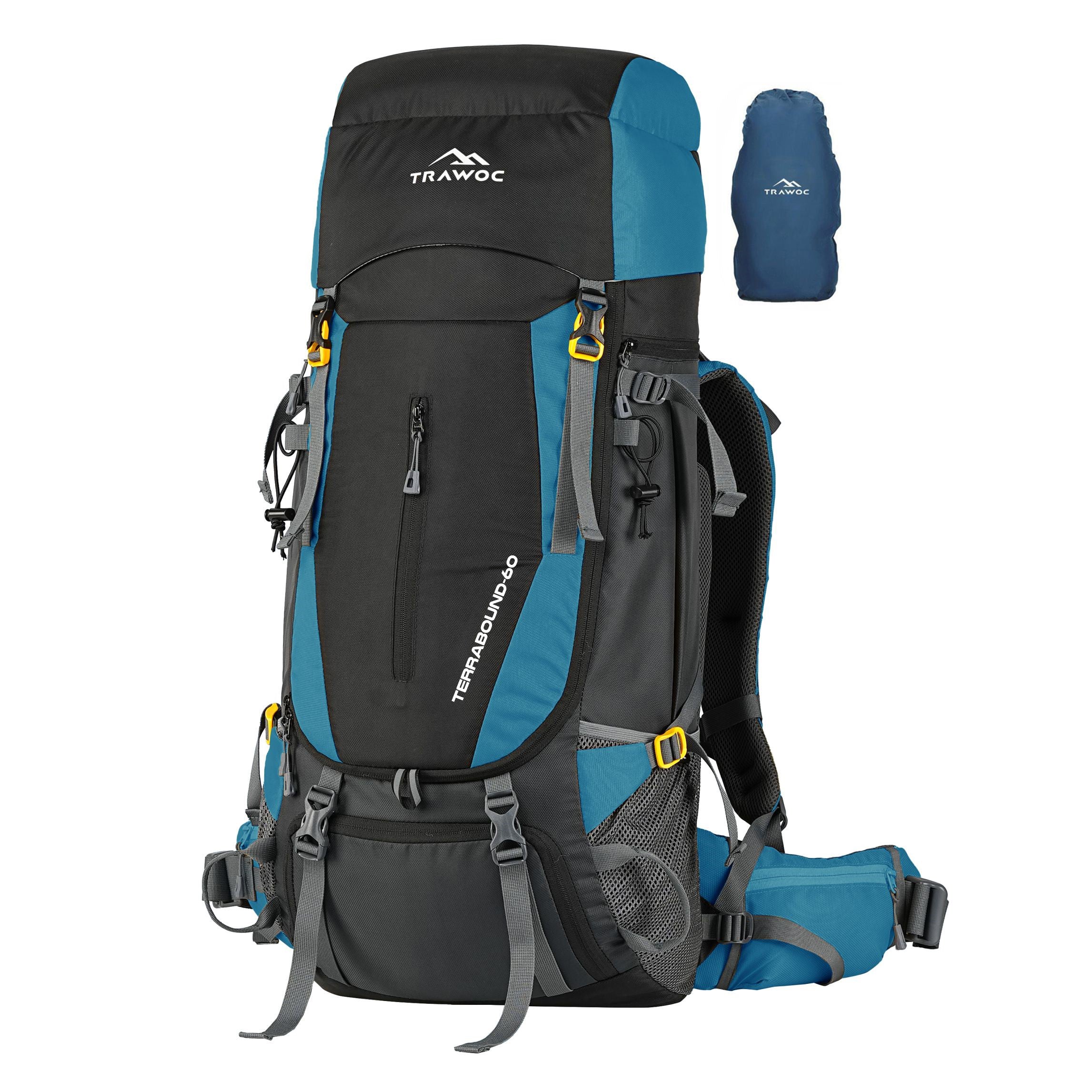 Front view of the TERRABOUND-60 Rucksack in English blue, showcasing its durable design, multiple compartments, and ergonomic straps, ideal for outdoor adventures.