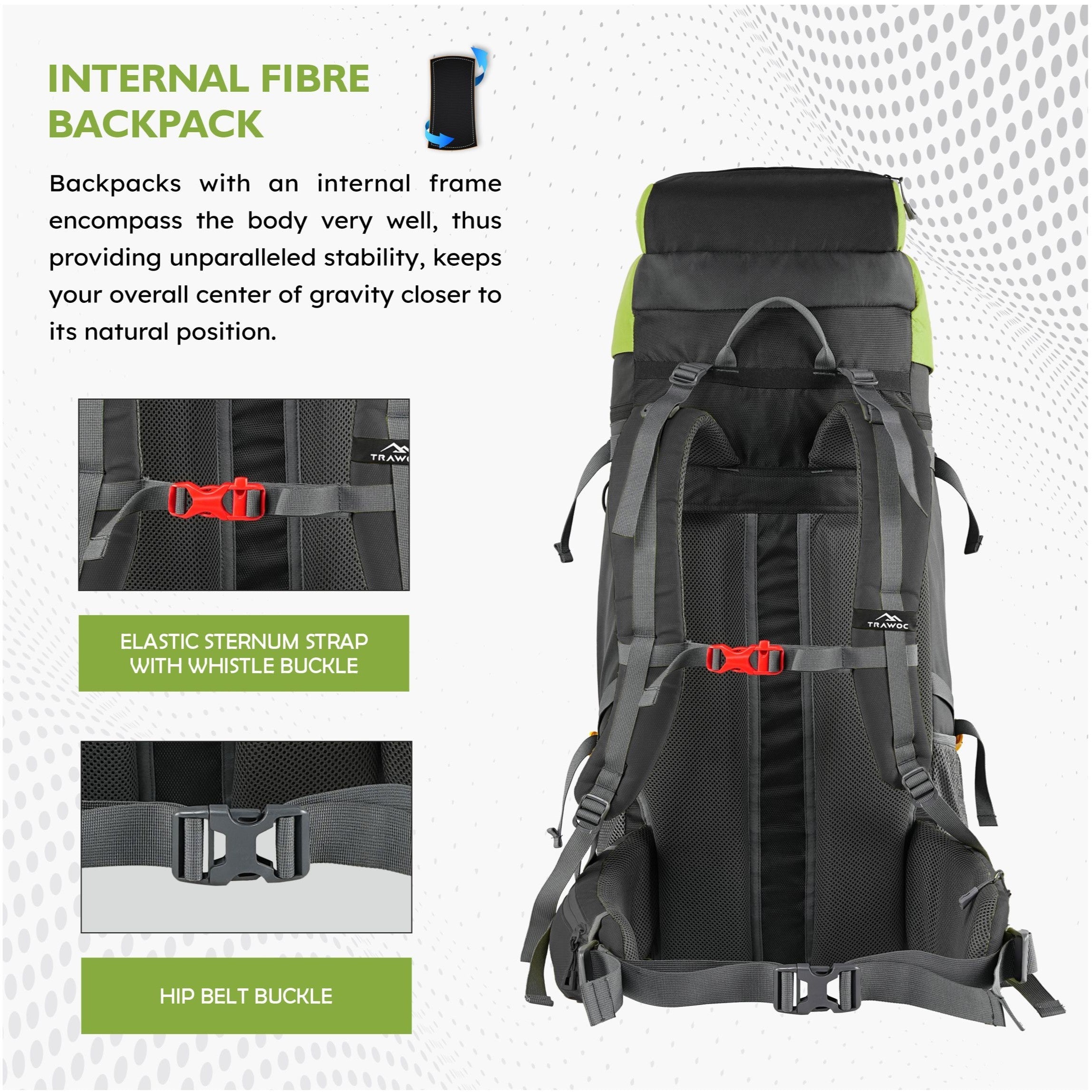 Close-up image of the interior of the TERRABOUND-60 Rucksack in green, showcasing its reinforced internal fiber structure designed for enhanced durability and support, ensuring comfort and stability during outdoor adventures.