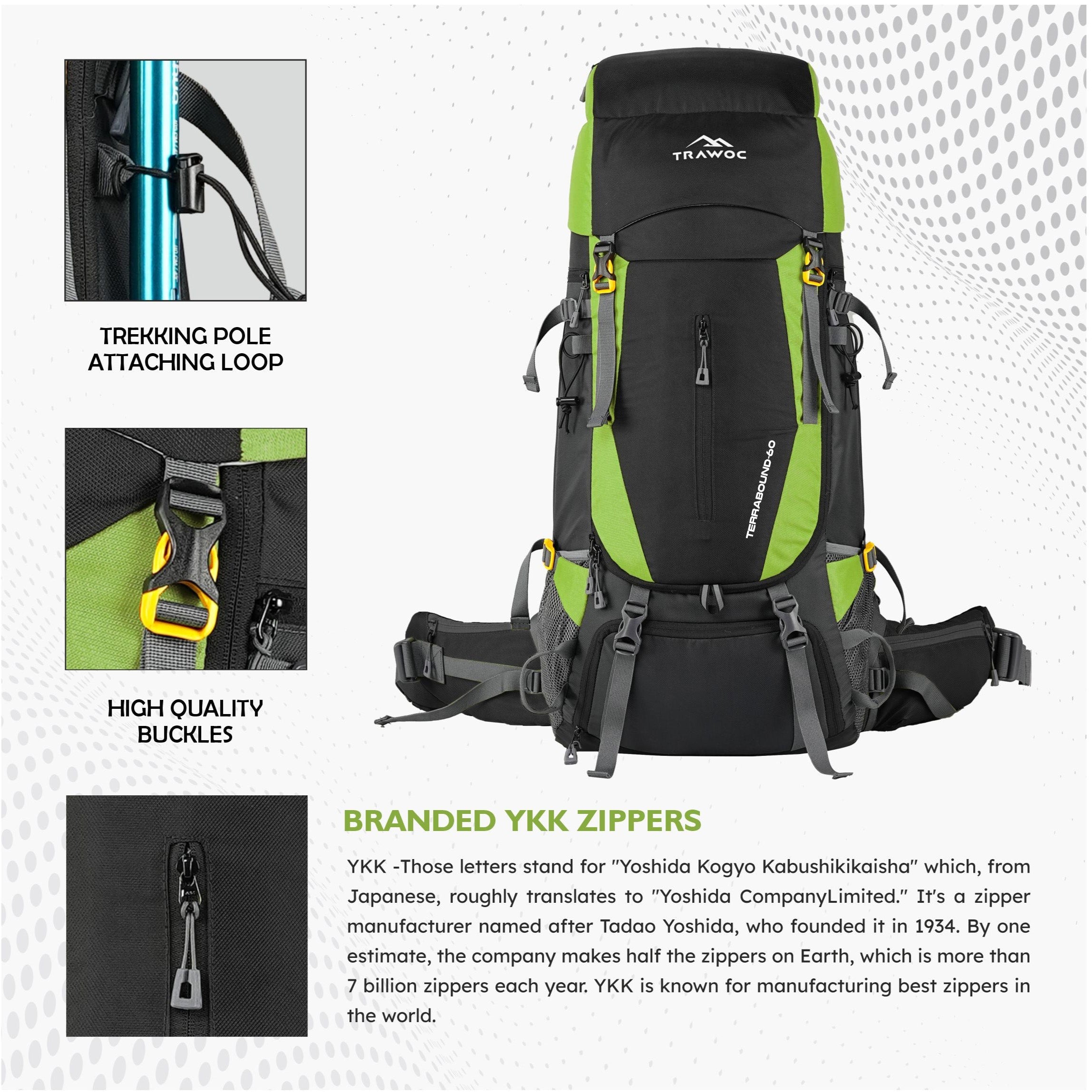 Close-up image of the TERRABOUND-60 Rucksack in green, highlighting the high-quality YKK zippers on the main compartments, offering durability and smooth functionality for secure storage.