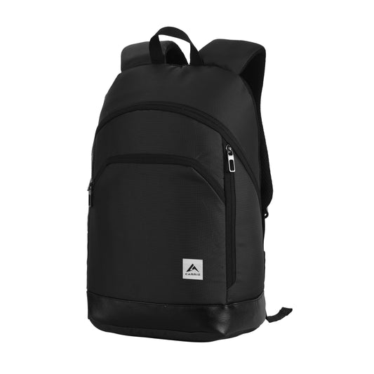 A sleek, modern CARRIZ Casual Backpack (model CB07) in black. The backpack features a minimalist design with adjustable shoulder straps, a spacious main compartment, and a front zippered pocket for organization. The all-black color adds a stylish, versatile touch, making it perfect for daily use or casual outings.