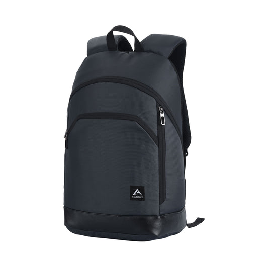 A sleek and modern CARRIZ Casual Backpack (model CB07) in grey. The backpack features a minimalist design with adjustable shoulder straps, a spacious main compartment, and a front zippered pocket for added organization.