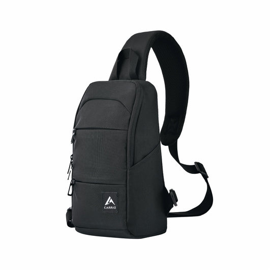 Stylish Carriz Crossbody Backpack - CRB01 in black, featuring a sleek design and adjustable straps. The backpack is perfect for everyday use, combining functionality with a modern aesthetic, ideal for carrying essentials comfortably." "Detailed view of the Carriz Crossbody Backpack - CRB01 in black, showcasing its spacious main compartment and multiple pockets for organization.