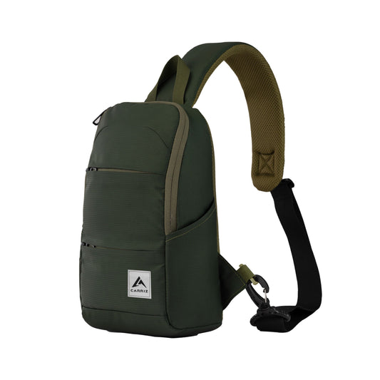 Thumbnail image of the Carriz Crossbody Backpack -CRB01-OLIVEGREEN. The backpack features a stylish olive green color with a sleek, compact design. It includes an adjustable crossbody strap for easy and comfortable carrying. The exterior is made of durable material, offering both functionality and modern style.