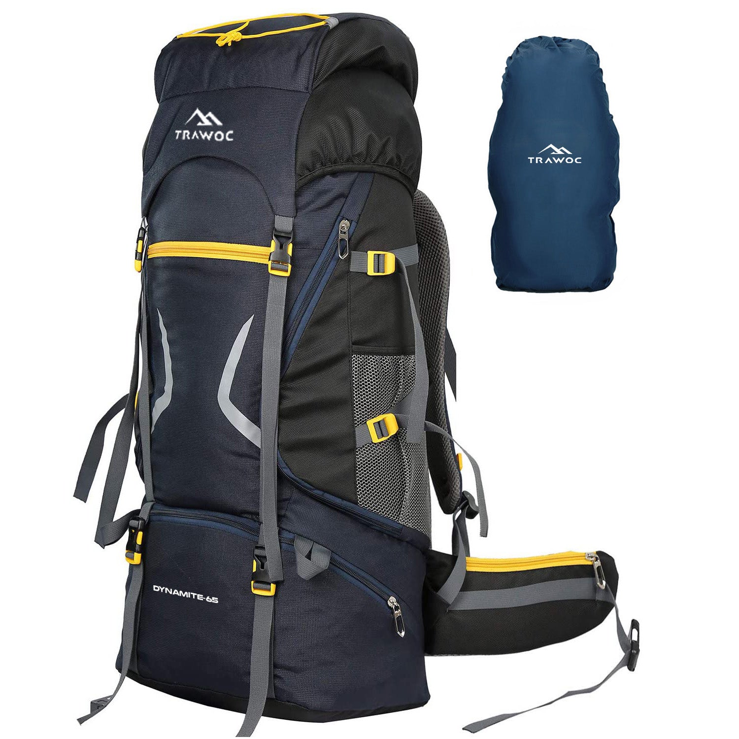 A sleek DYNAMITE-65 rucksack in navy blue, featuring a modern design with multiple compartments and adjustable straps. The thumbnail highlights the rucksack's durable fabric, spacious interior, and ergonomic features, making it an ideal choice for outdoor adventures, travel, or everyday use.